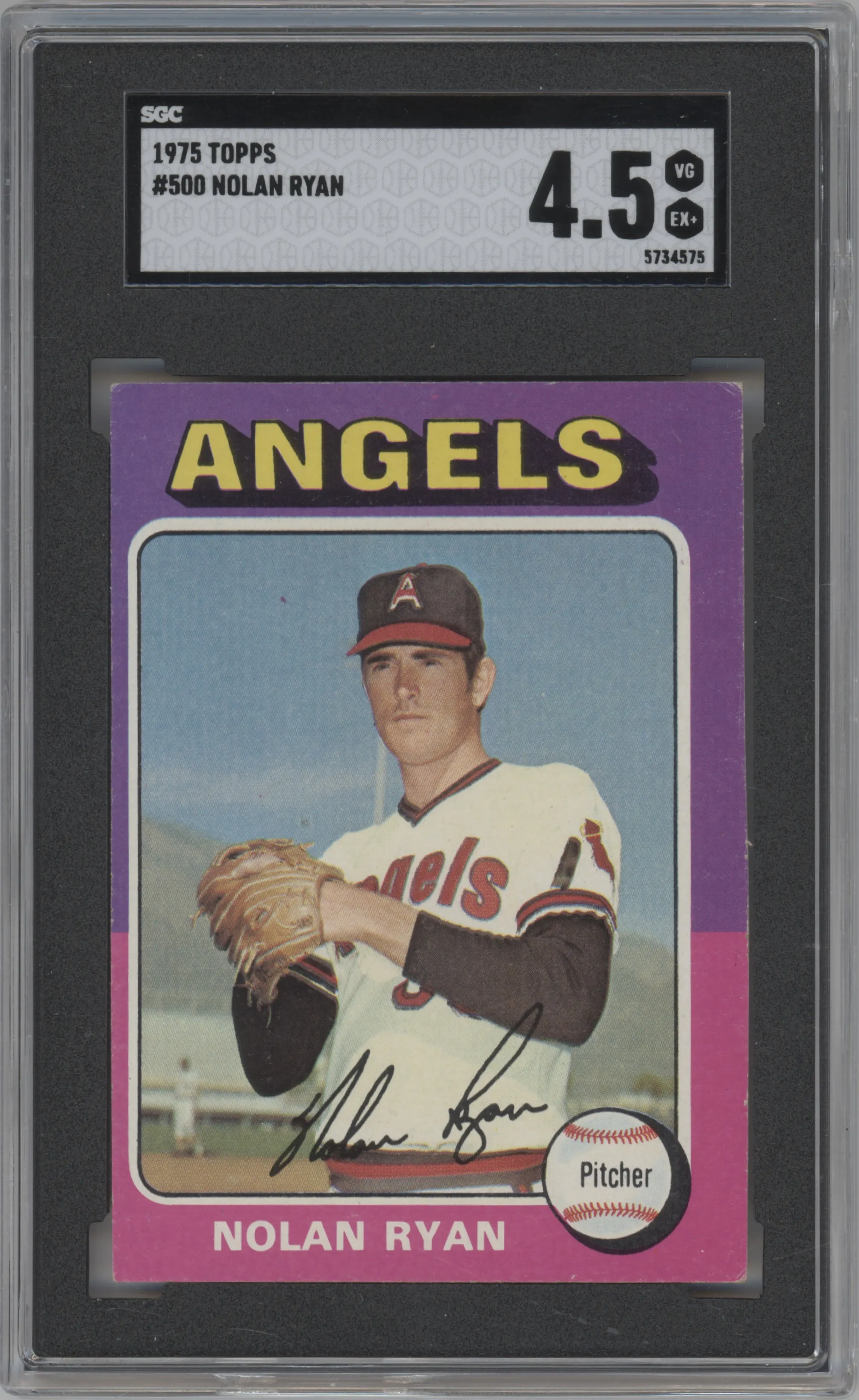 Nolan Ryan from the 1975 Topps set graded by SGC and given an overall grade of 4.5.