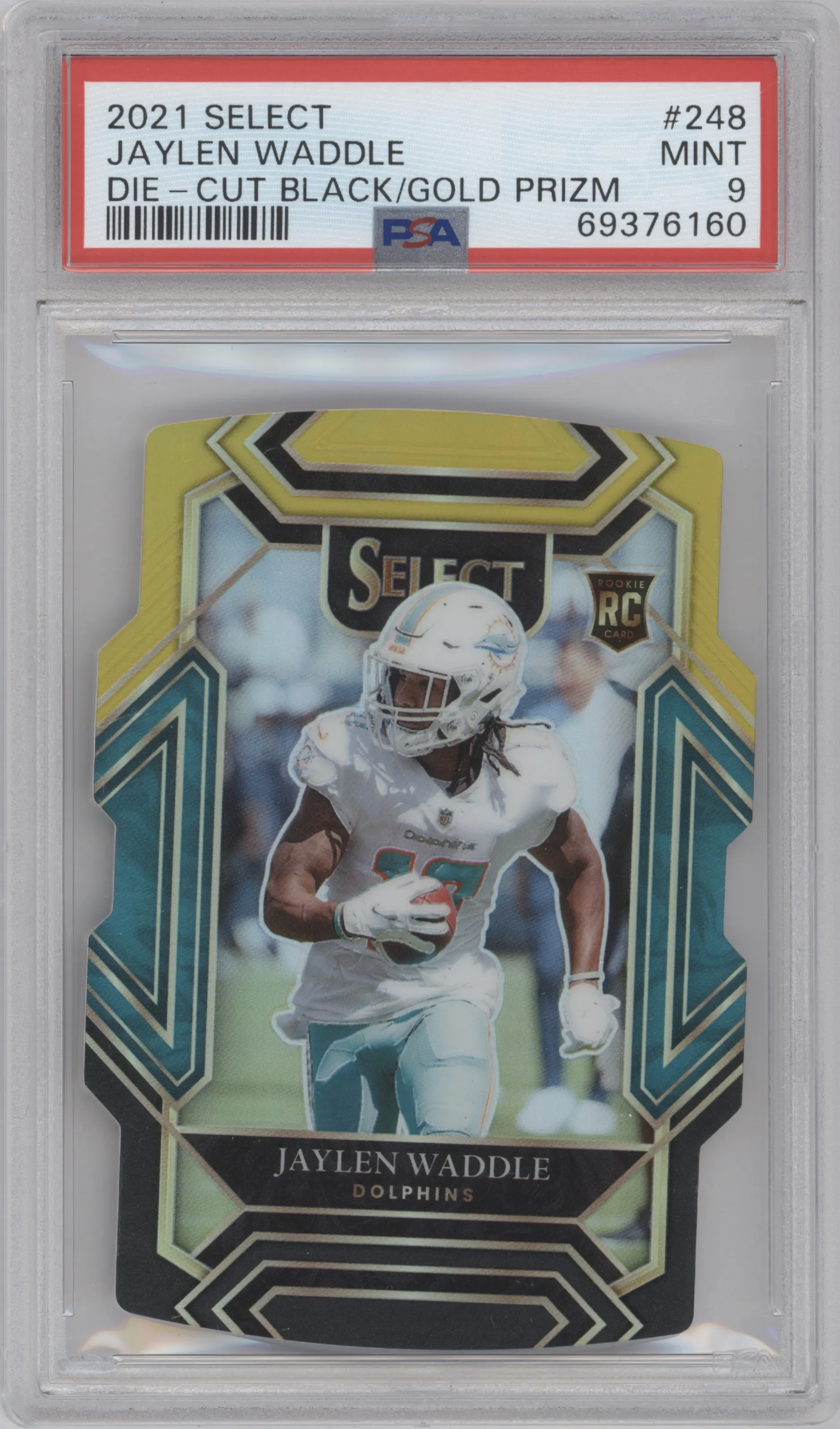 Jaylen Waddle from the 2021 Panini Select set featuring a Die-Cut Black/Gold
 parallel graded by PSA and given an overall grade of 9.