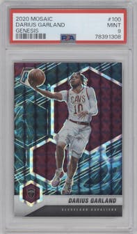 Darius Garland from the 2020-21 Panini Mosaic set featuring a Genesis  parallel graded by PSA and given an overall grade of 9.