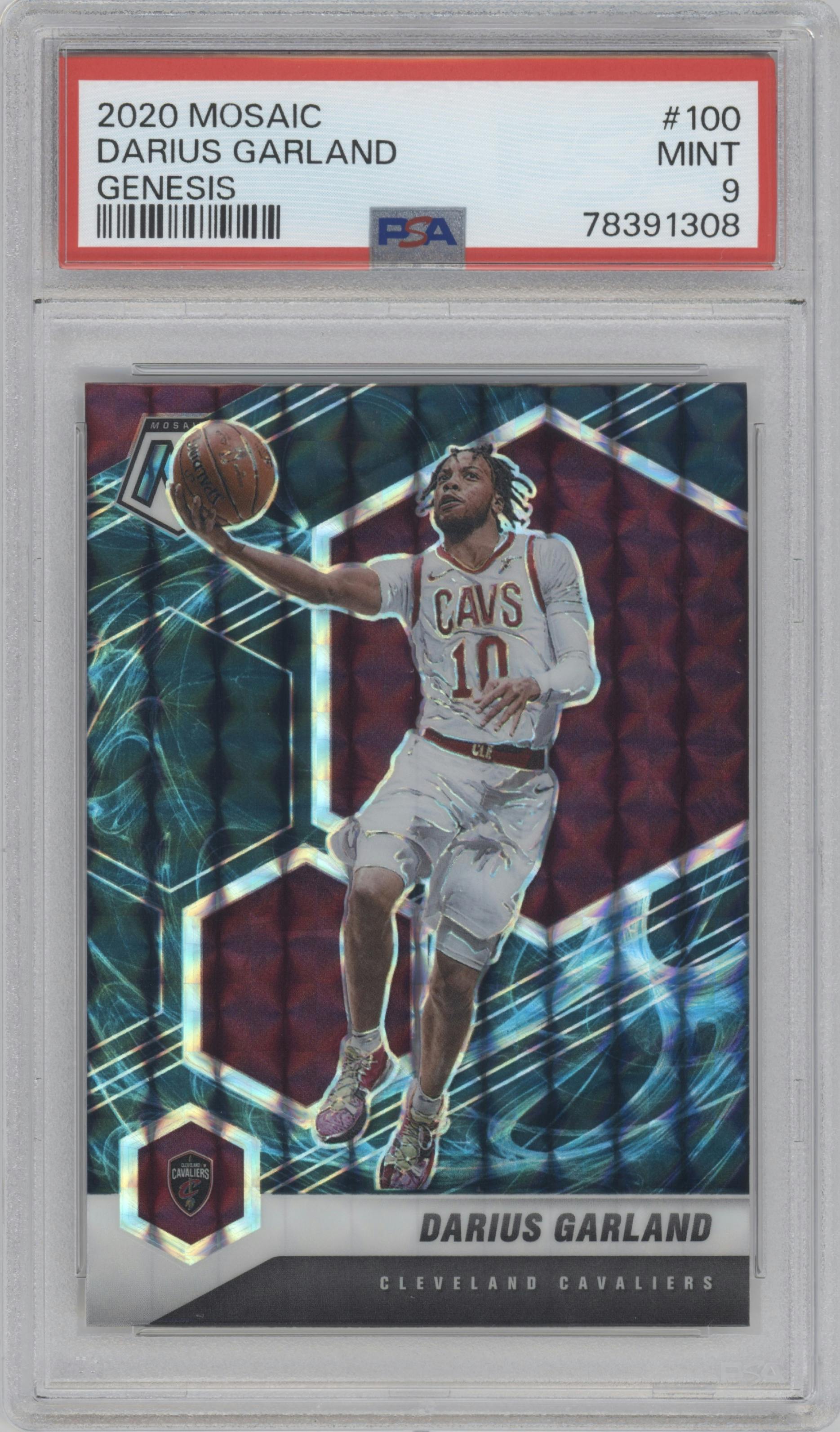 Darius Garland from the 2020-21 Panini Mosaic set featuring a Genesis  parallel graded by PSA and given an overall grade of 9.