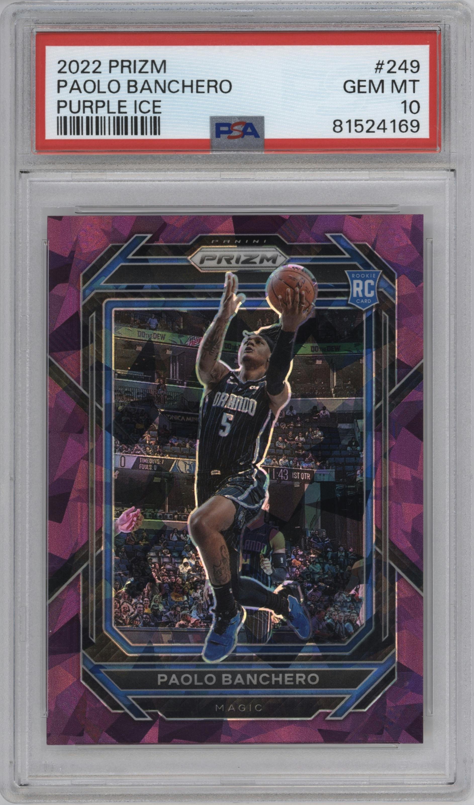 Paolo Banchero from the 2022-23 Panini Prizm  set featuring a Purple Ice parallel graded by PSA and given an overall grade of 10.