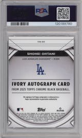 Shohei Ohtani from the 2025 Topps Chrome Black set featuring a Red Trim Refractor parallel graded by PSA and given an overall grade of 10.