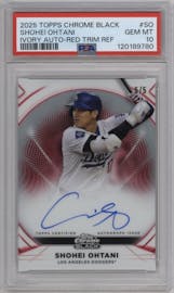 Shohei Ohtani from the 2025 Topps Chrome Black set featuring a Red Trim Refractor parallel graded by PSA and given an overall grade of 10.