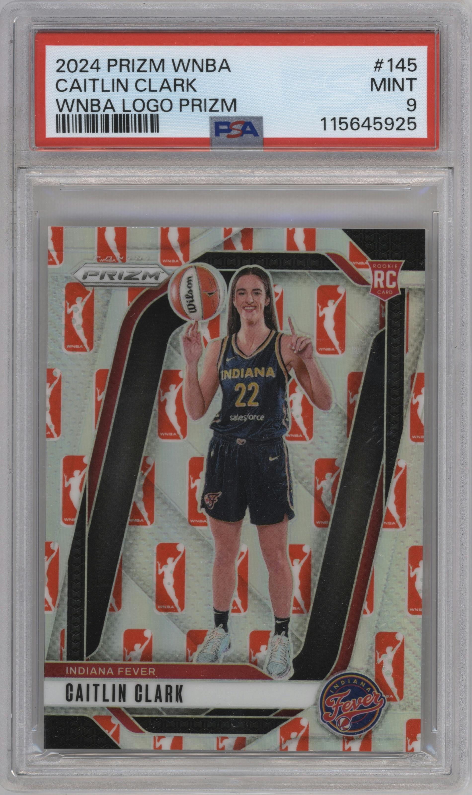 Caitlin Clark from the 2024 Panini Prizm WNBA set featuring a WNBA Logo Prizm parallel graded by PSA and given an overall grade of 9.