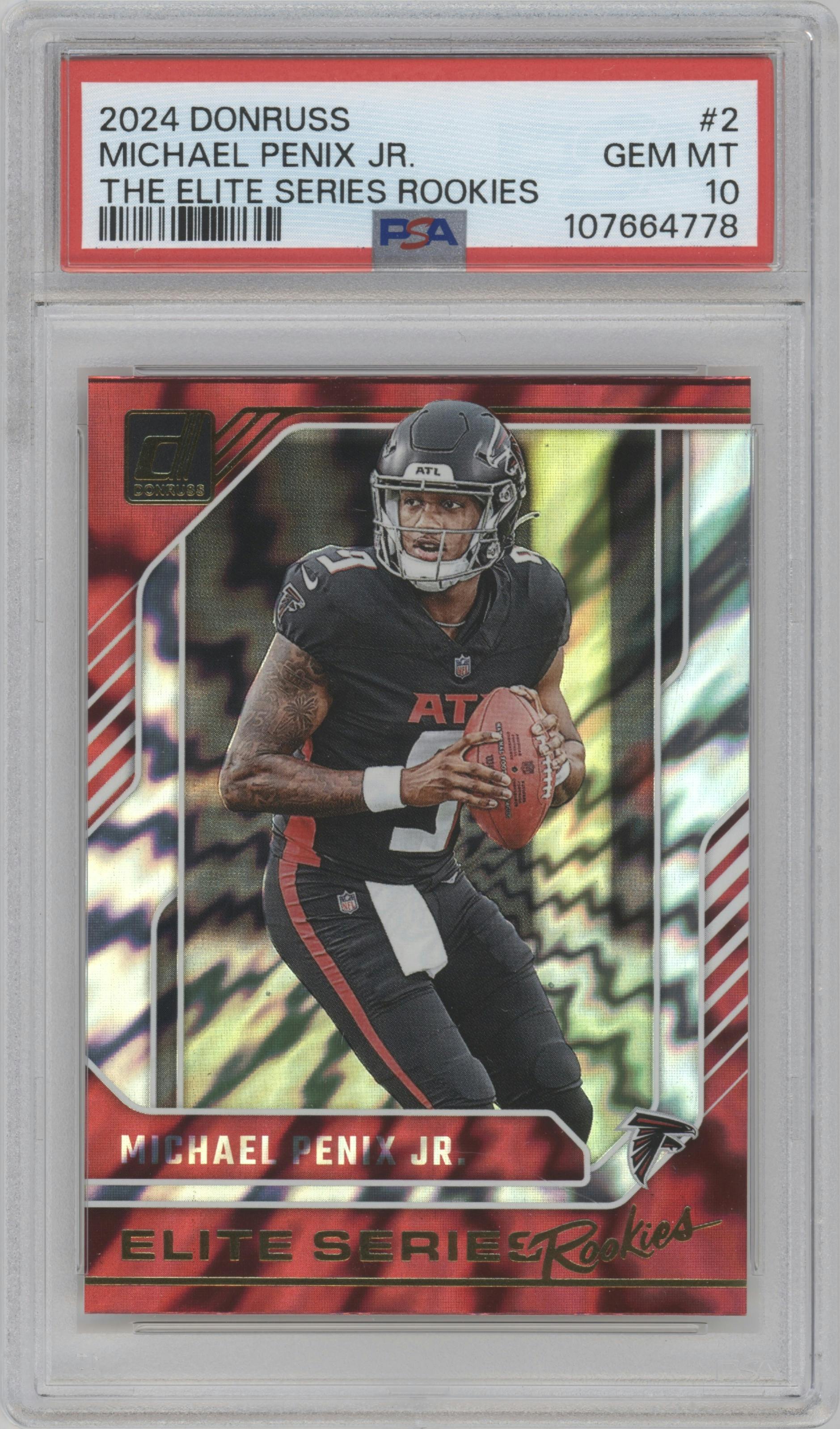 Michael Penix Jr. from the 2024 Donruss set graded by PSA and given an overall grade of 10.