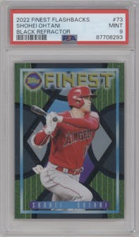 Shohei Ohtani from the 2022 Topps Finest Flashback set featuring a Black Refractor parallel graded by PSA and given an overall grade of 9.