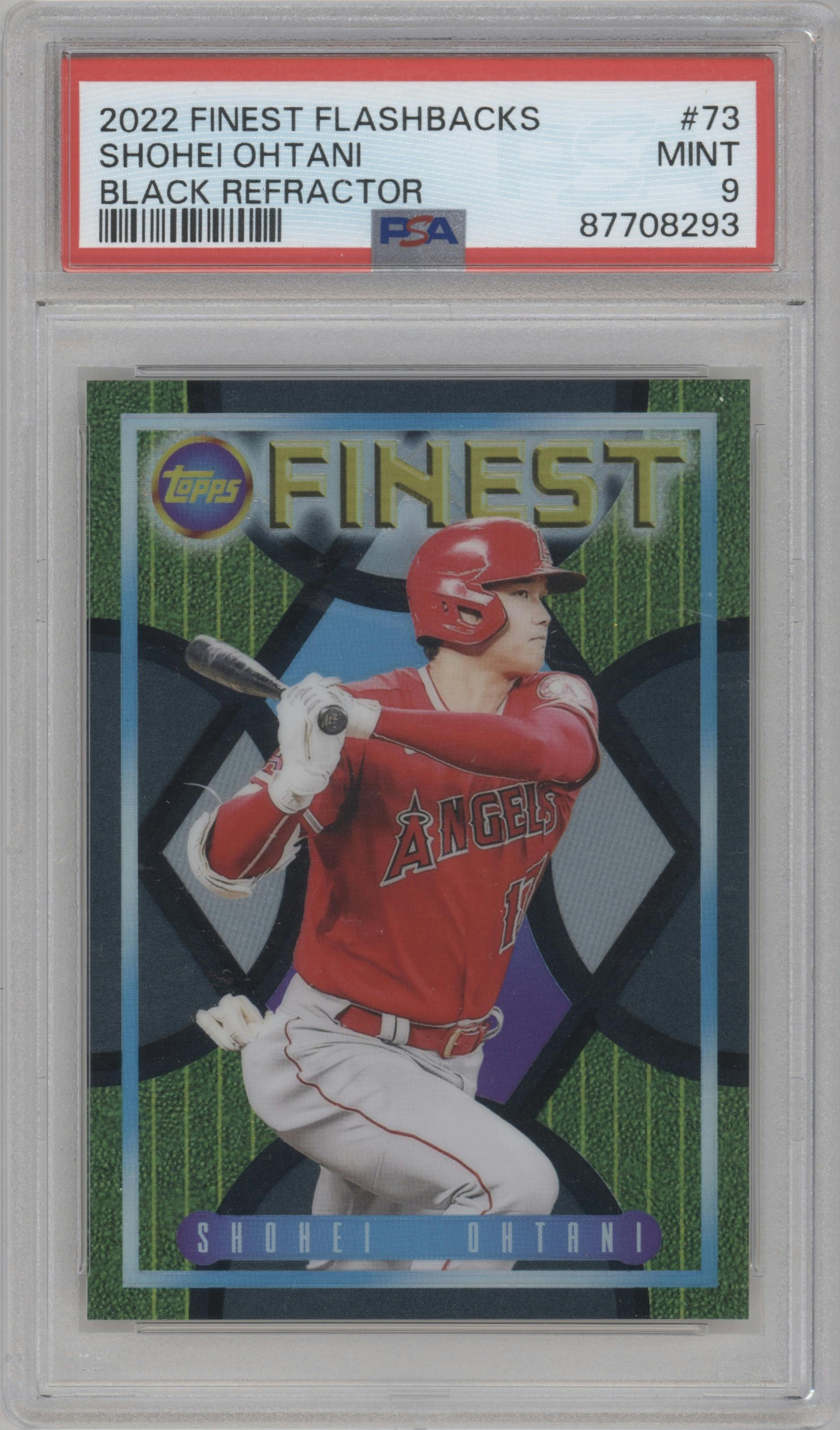 Shohei Ohtani from the 2022 Topps Finest Flashback set featuring a Black Refractor parallel graded by PSA and given an overall grade of 9.
