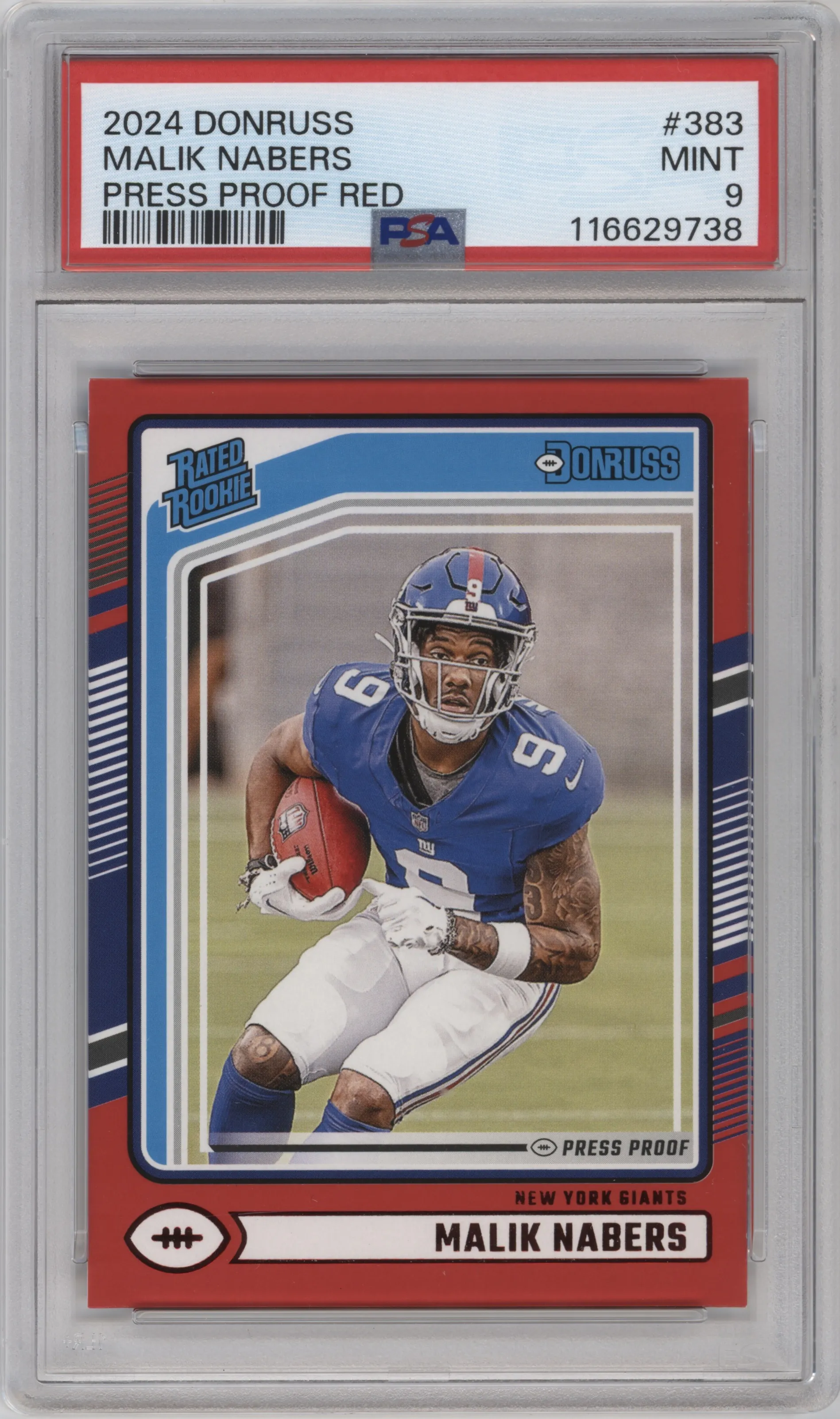 Malik Nabers from the 2024 Donruss set featuring a Press Proof Red parallel graded by PSA and given an overall grade of 9.