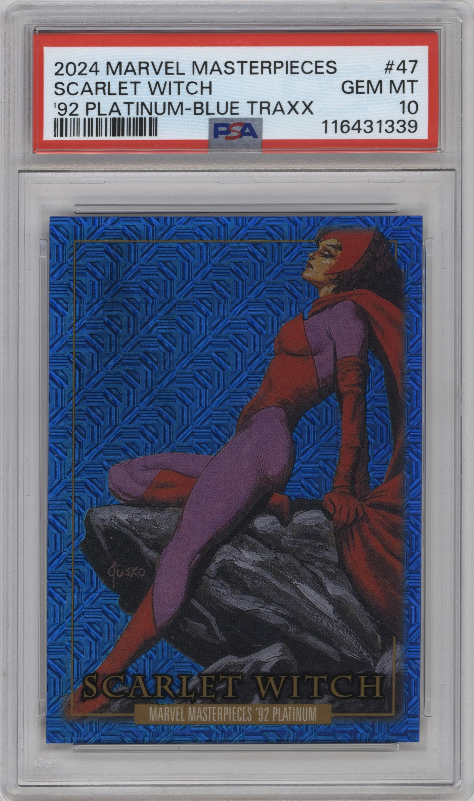 2024 Upper Deck Marvel Masterpieces '92 Platinum Scarlet Witch Blue Traxx #47 PSA 10