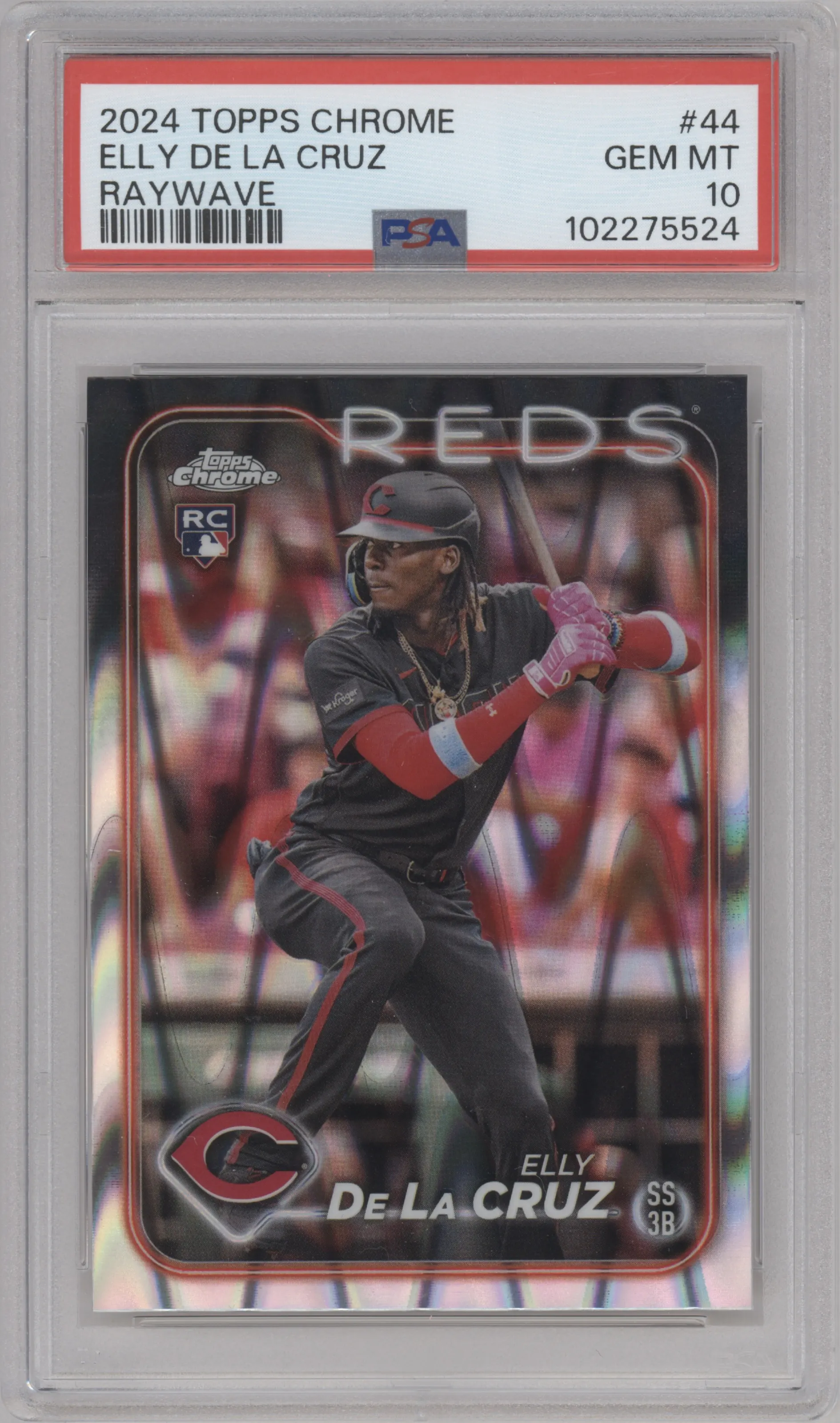 Elly De La Cruz from the 2024 Topps Chrome set featuring a Raywave Refractor parallel graded by PSA and given an overall grade of 10.