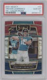 Trevor Lawrence from the 2021 Panini Select set featuring a Tri-Color parallel graded by PSA and given an overall grade of 10.
