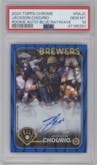 Jackson Chourio from the 2024 Topps Chrome set featuring a Blue Ray Wave Refractor parallel graded by PSA and given an overall grade of 10.