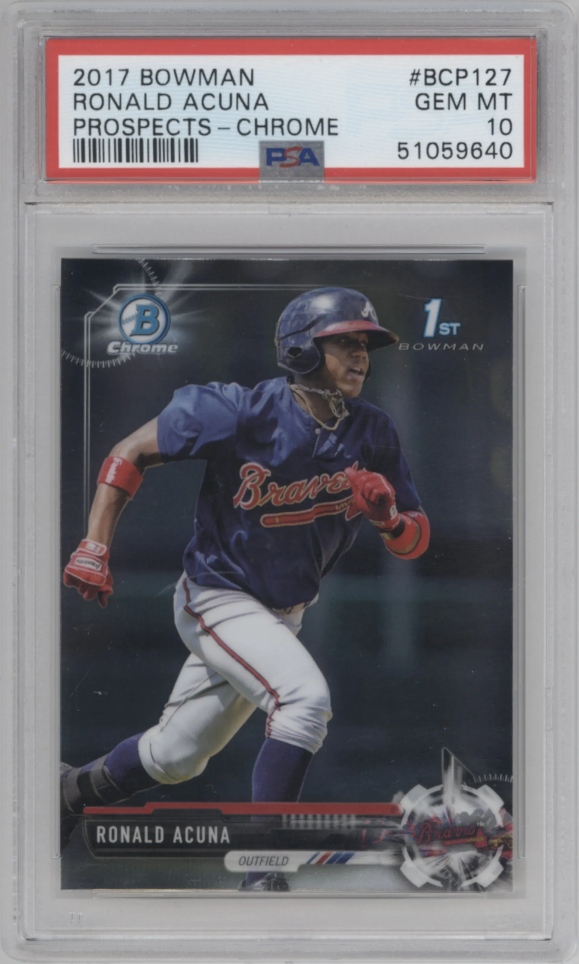 Ronald Acuna from the 2017 Bowman set graded by PSA and given an overall grade of 10.