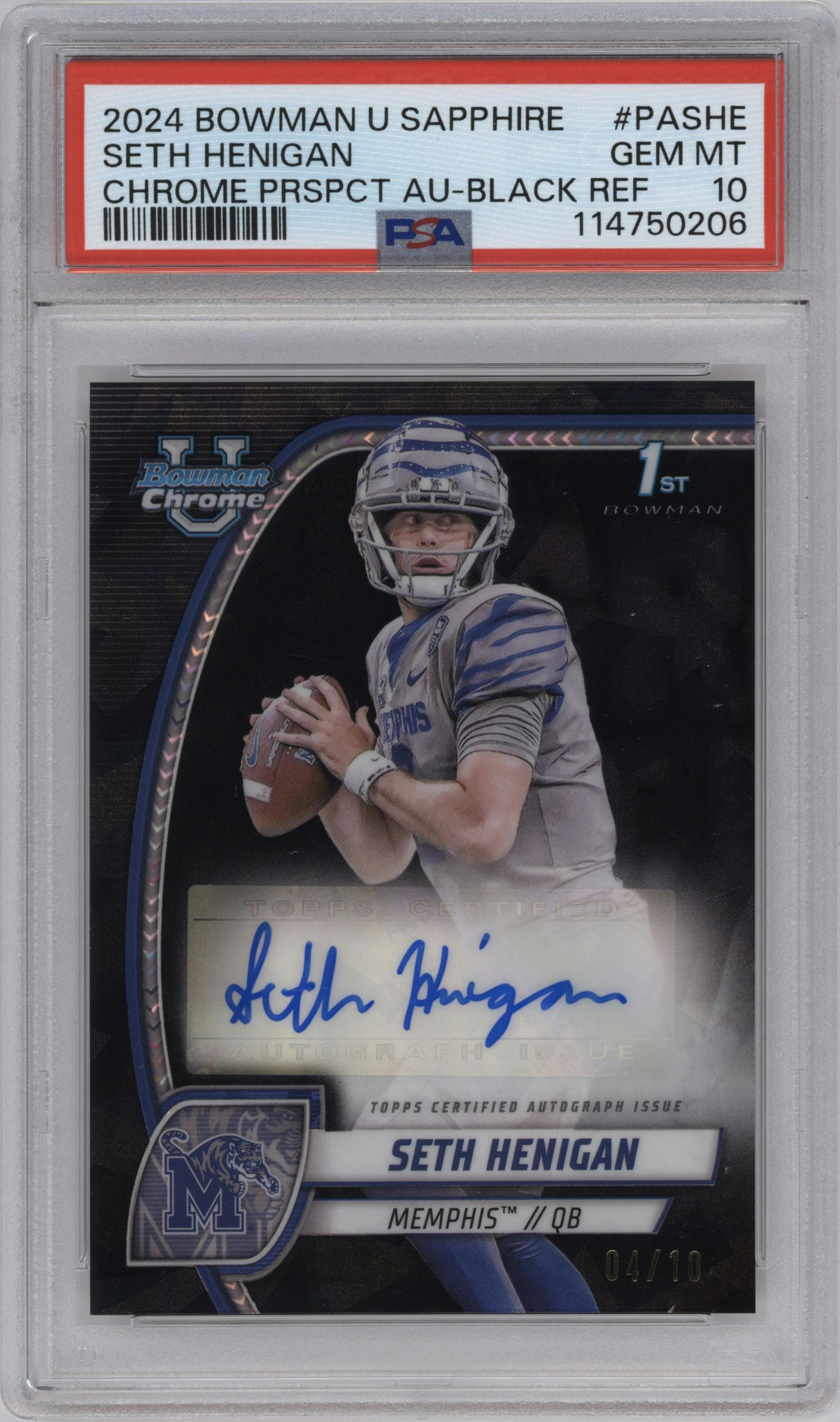 Seth Henigan from the 2024 Bowman University Chrome Sapphire set featuring a Black parallel graded by PSA and given an overall grade of 10.