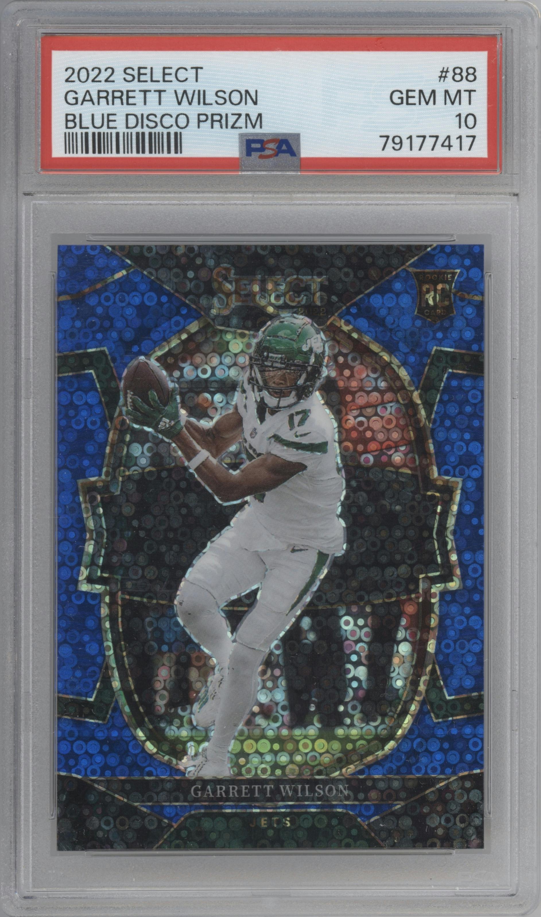 Garrett Wilson from the 2022 Panini Select set featuring a Blue Disco parallel graded by PSA and given an overall grade of 10.