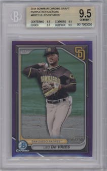 Leo De Vries from the 2024 Bowman Draft set featuring a Purple Refractor parallel graded by Beckett and given an overall grade of 9.5.