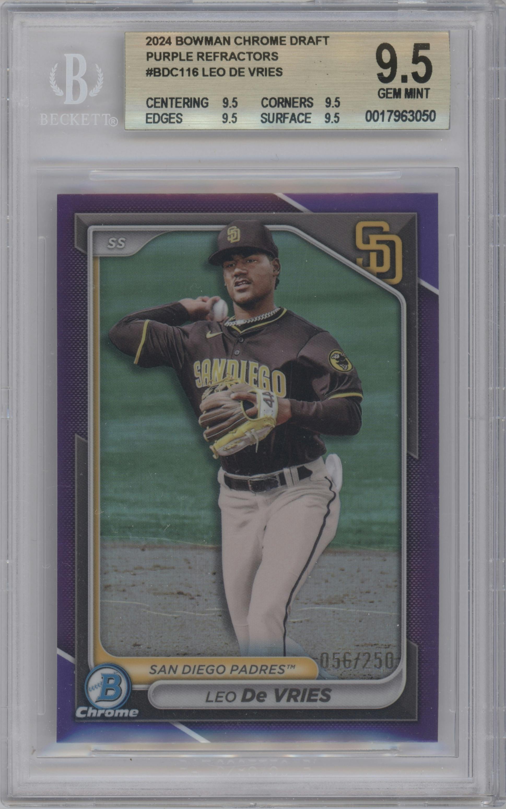 Leo De Vries from the 2024 Bowman Draft set featuring a Purple Refractor parallel graded by Beckett and given an overall grade of 9.5.
