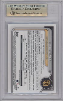 Leo De Vries from the 2024 Bowman Draft set featuring a Purple Refractor parallel graded by Beckett and given an overall grade of 9.5.