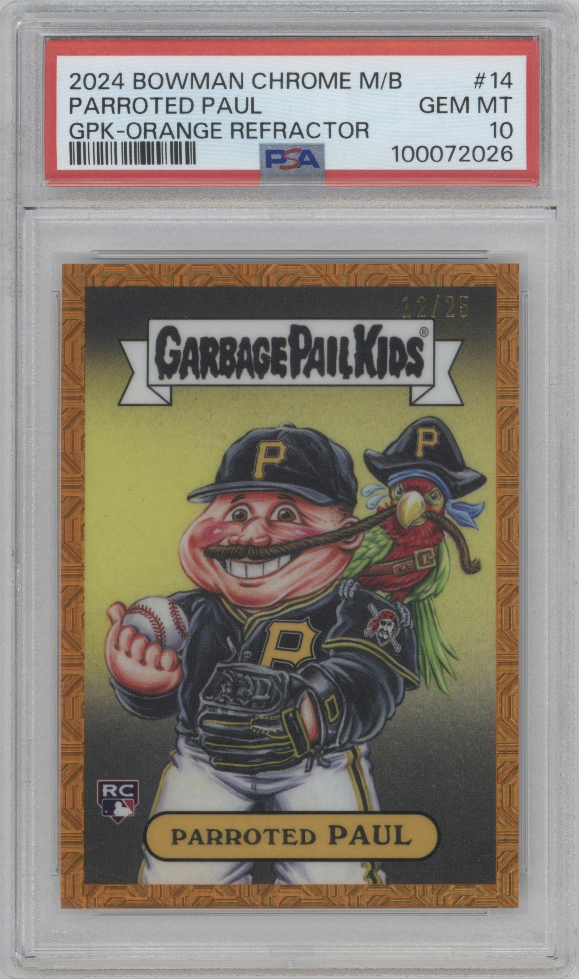 Parroted Paul from the 2024 Bowman Chrome Mega Box set featuring a Orange Refractor parallel graded by PSA and given an overall grade of 10.