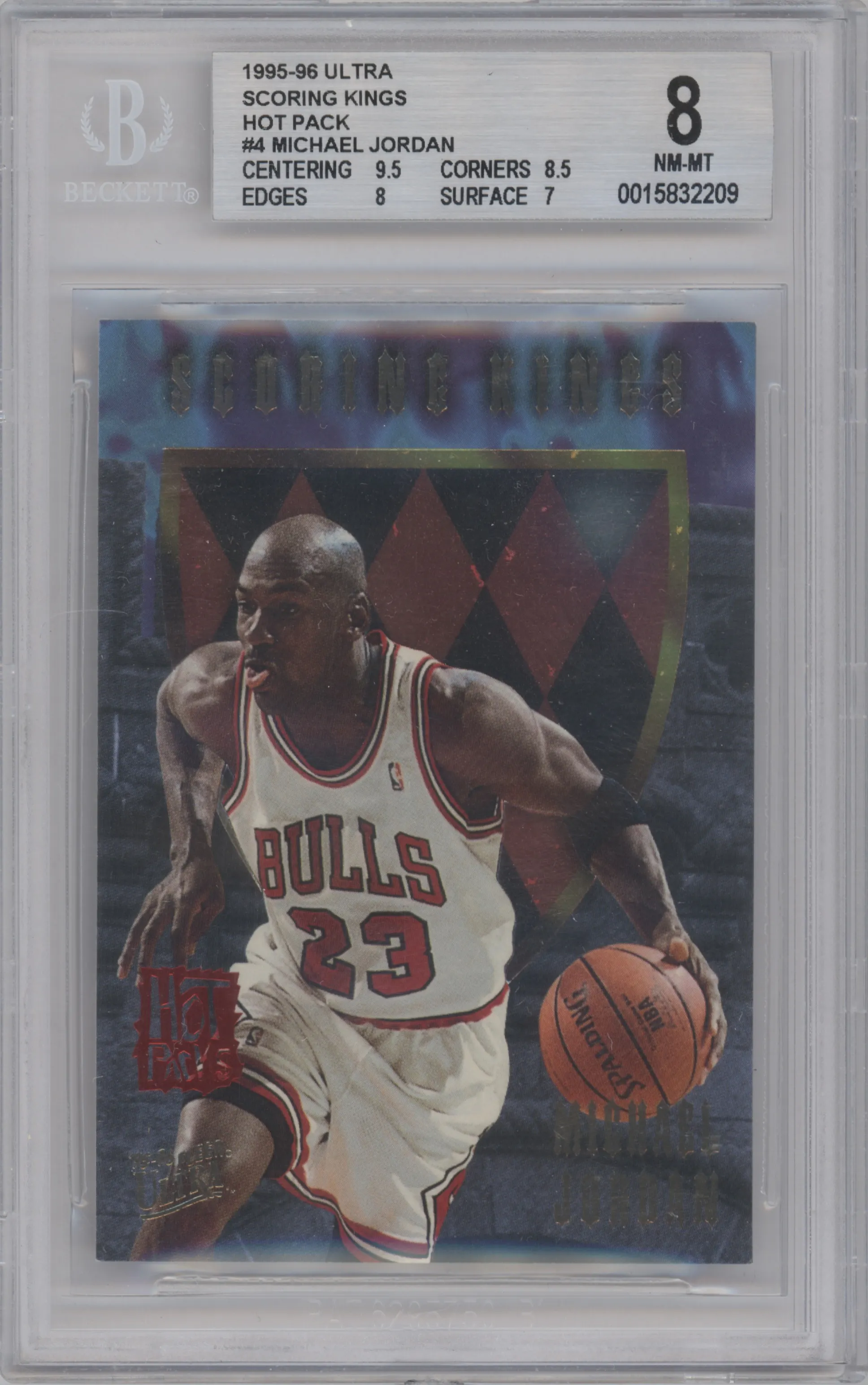 Michael Jordan from the 1995-96 Fleer Ultra set featuring a Hot Packs parallel graded by Beckett and given an overall grade of 8.