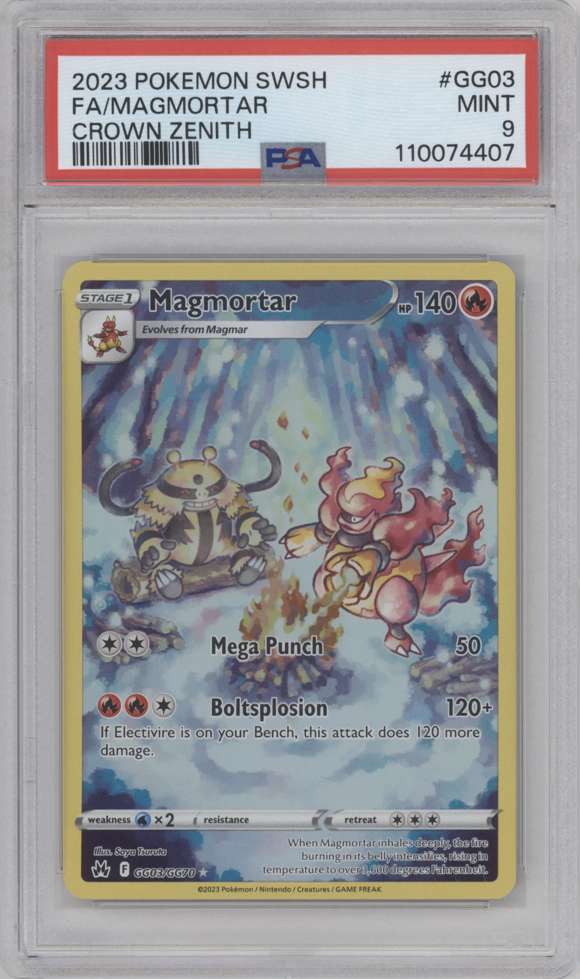 Magmortar from the 2023 Pokemon SWSH set graded by PSA and given an overall grade of 9.