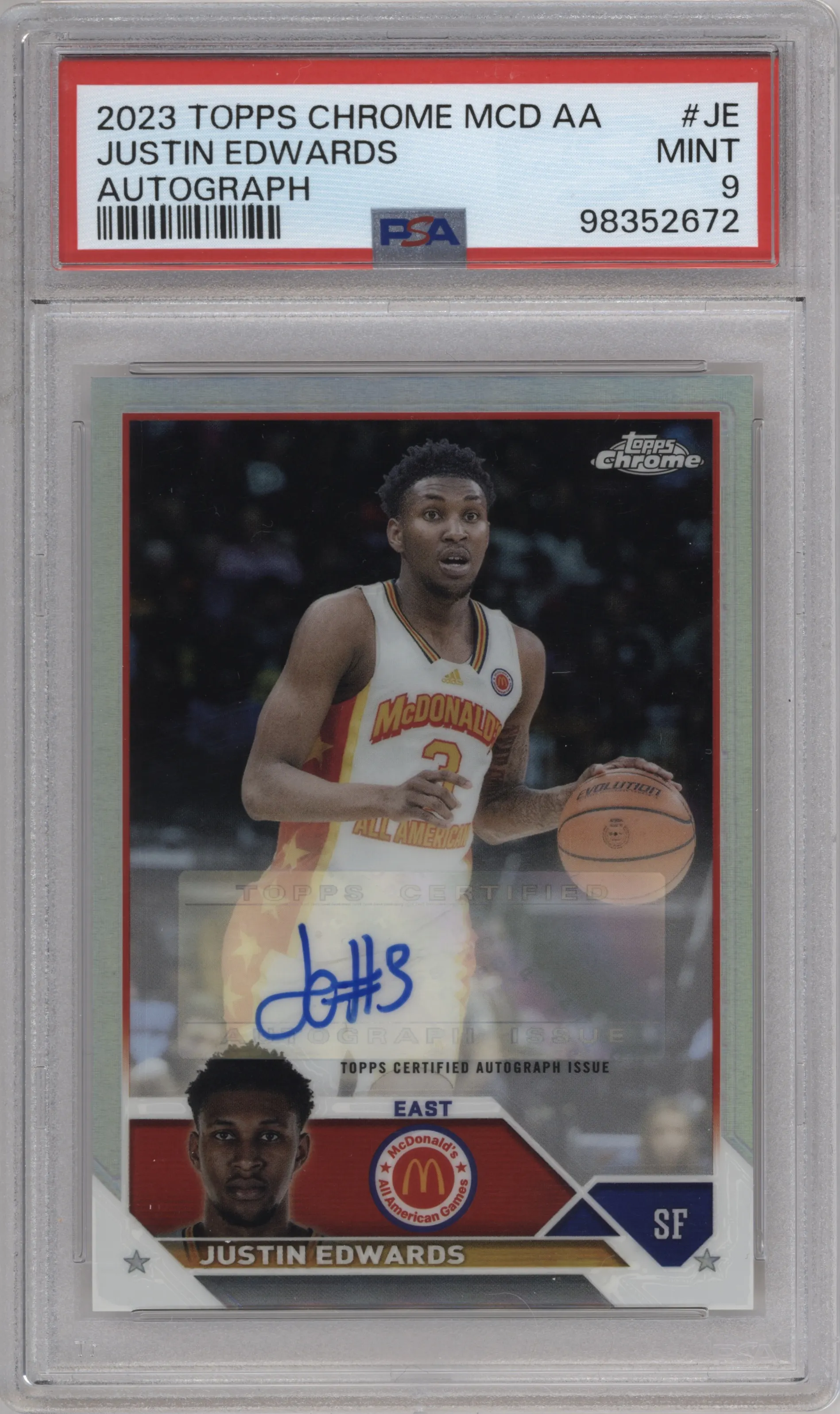 Justin Edwards from the 2023 Topps Chrome McDonald's All American set graded by PSA and given an overall grade of 9.
