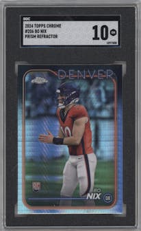 Bo Nix from the 2024 Topps Chrome set featuring a Prism Refractor parallel graded by SGC and given an overall grade of 10.