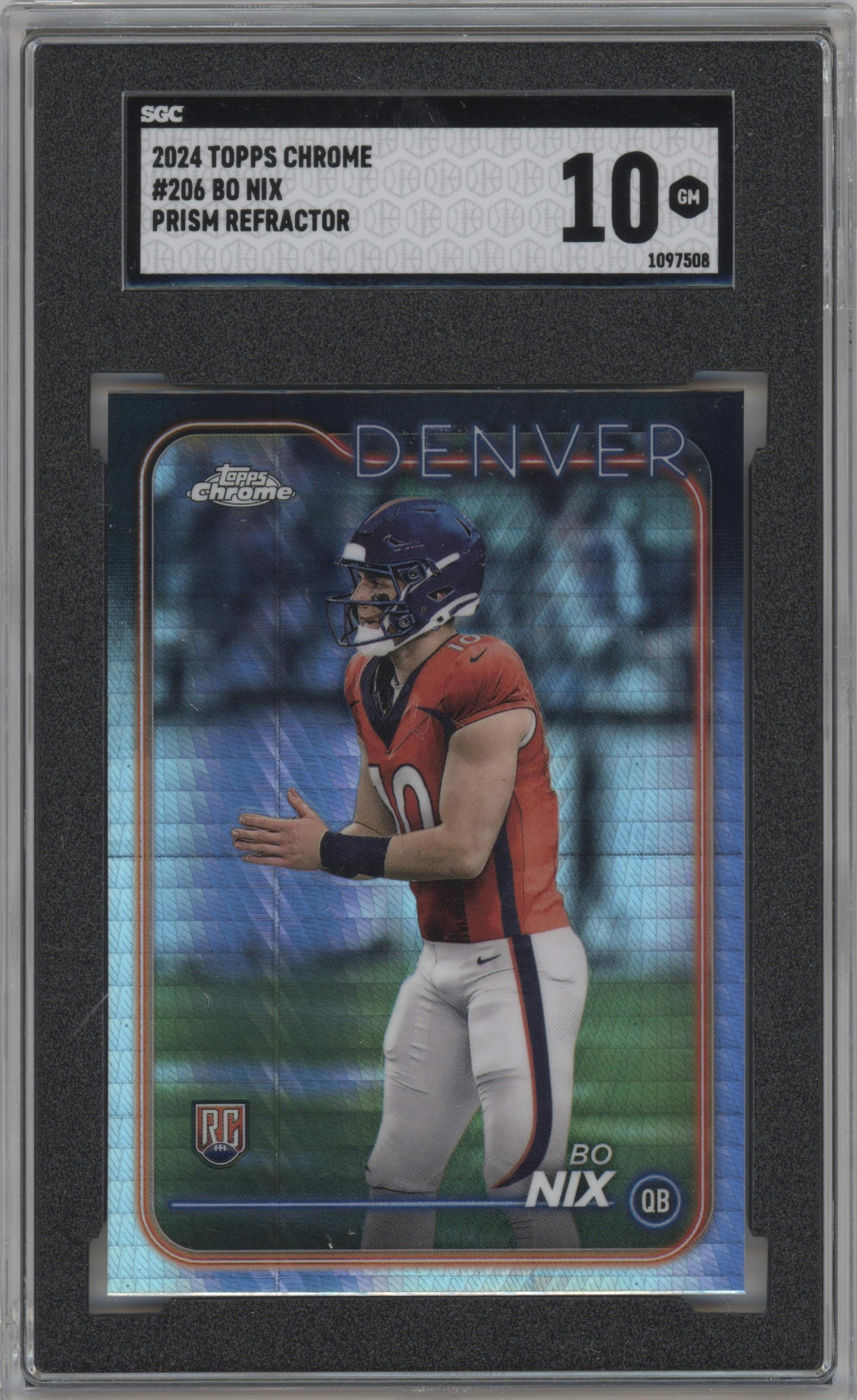 Bo Nix from the 2024 Topps Chrome set featuring a Prism Refractor parallel graded by SGC and given an overall grade of 10.