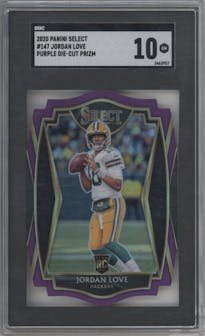 Jordan Love from the 2020 Panini Select set featuring a Die-Cut Purple parallel graded by SGC and given an overall grade of 10.