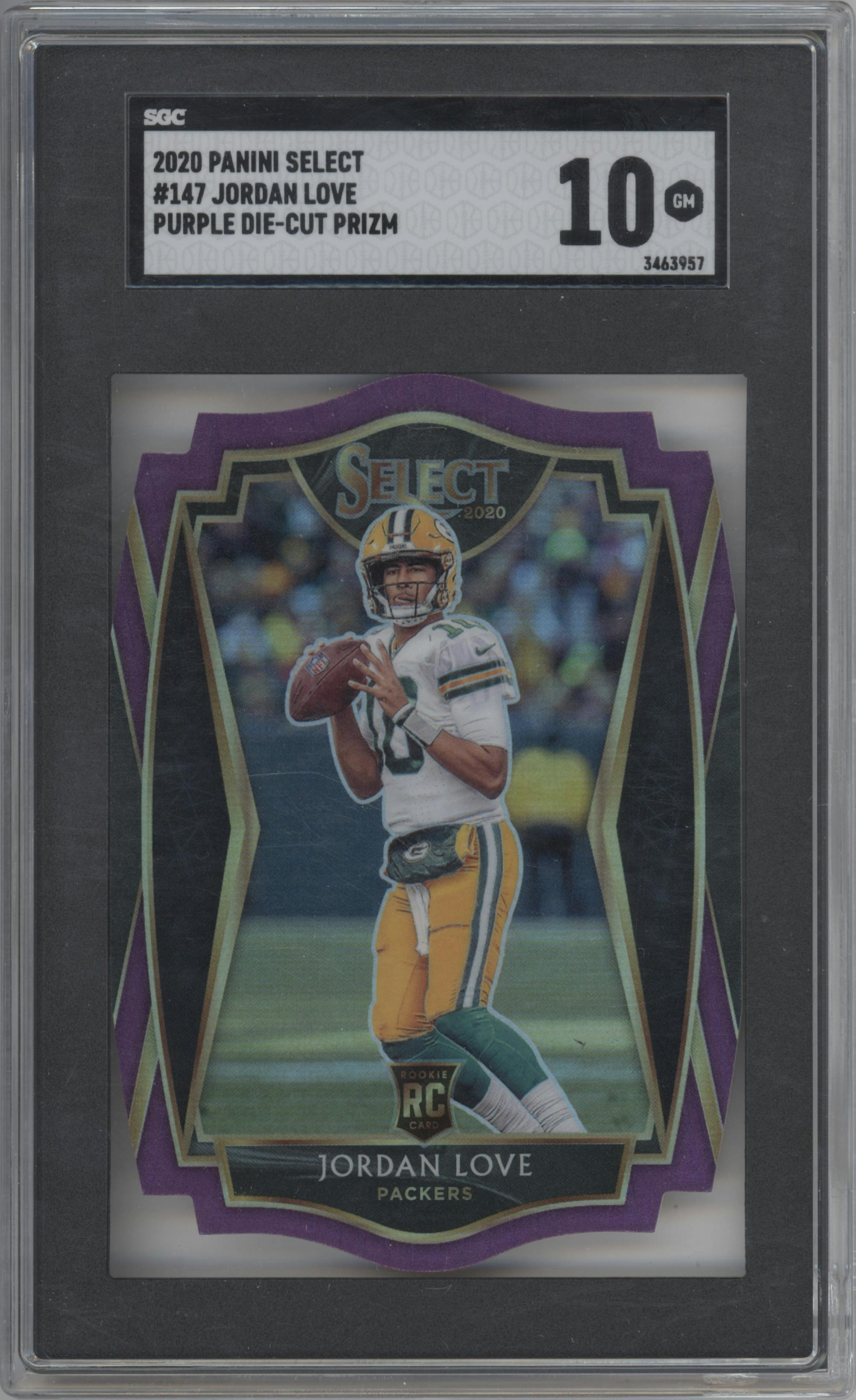 Jordan Love from the 2020 Panini Select set featuring a Die-Cut Purple parallel graded by SGC and given an overall grade of 10.