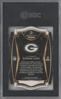 Jordan Love from the 2020 Panini Select set featuring a Die-Cut Purple parallel graded by SGC and given an overall grade of 10.