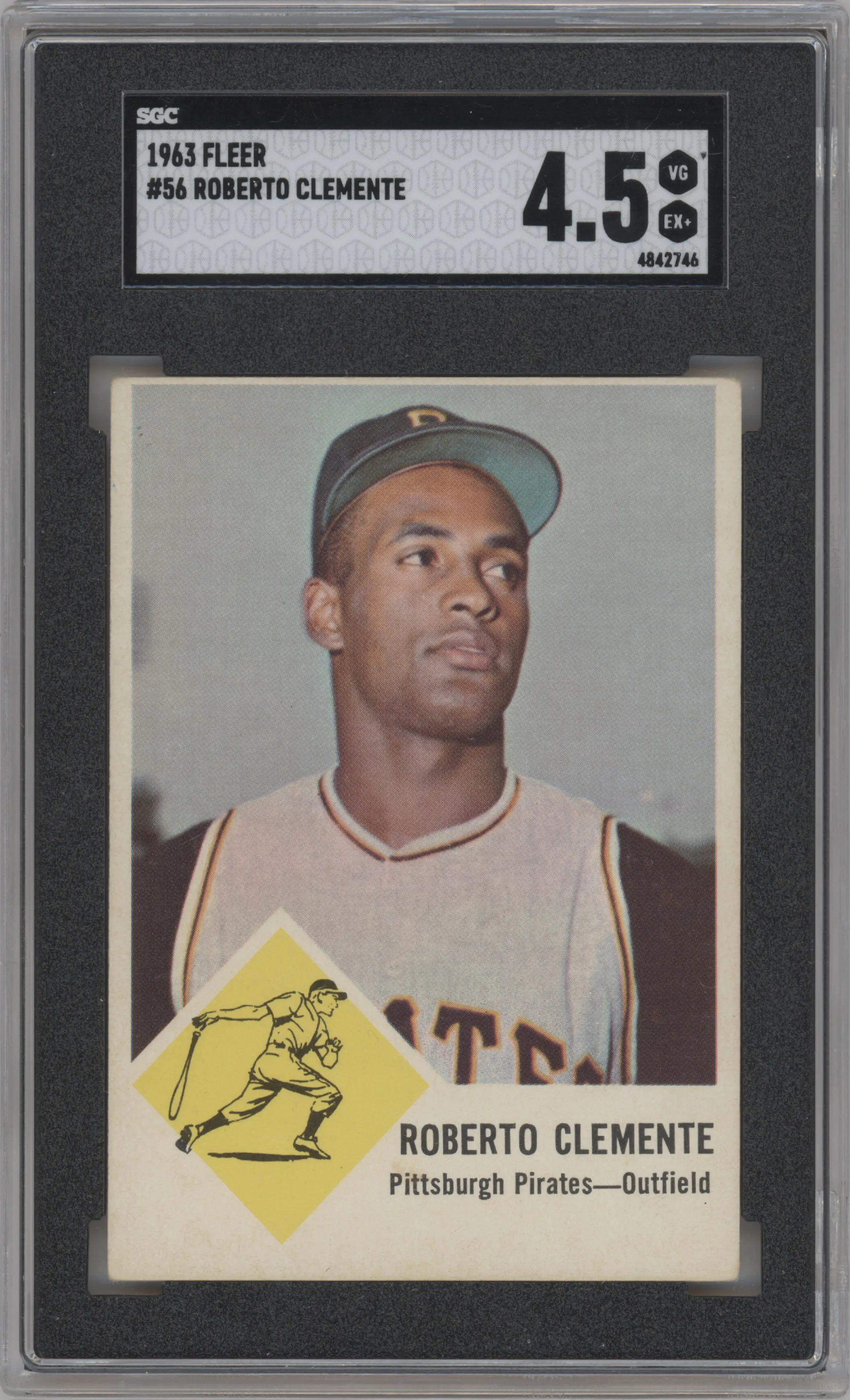 Roberto Clemente from the 1963 Fleer set graded by SGC and given an overall grade of 4.5.