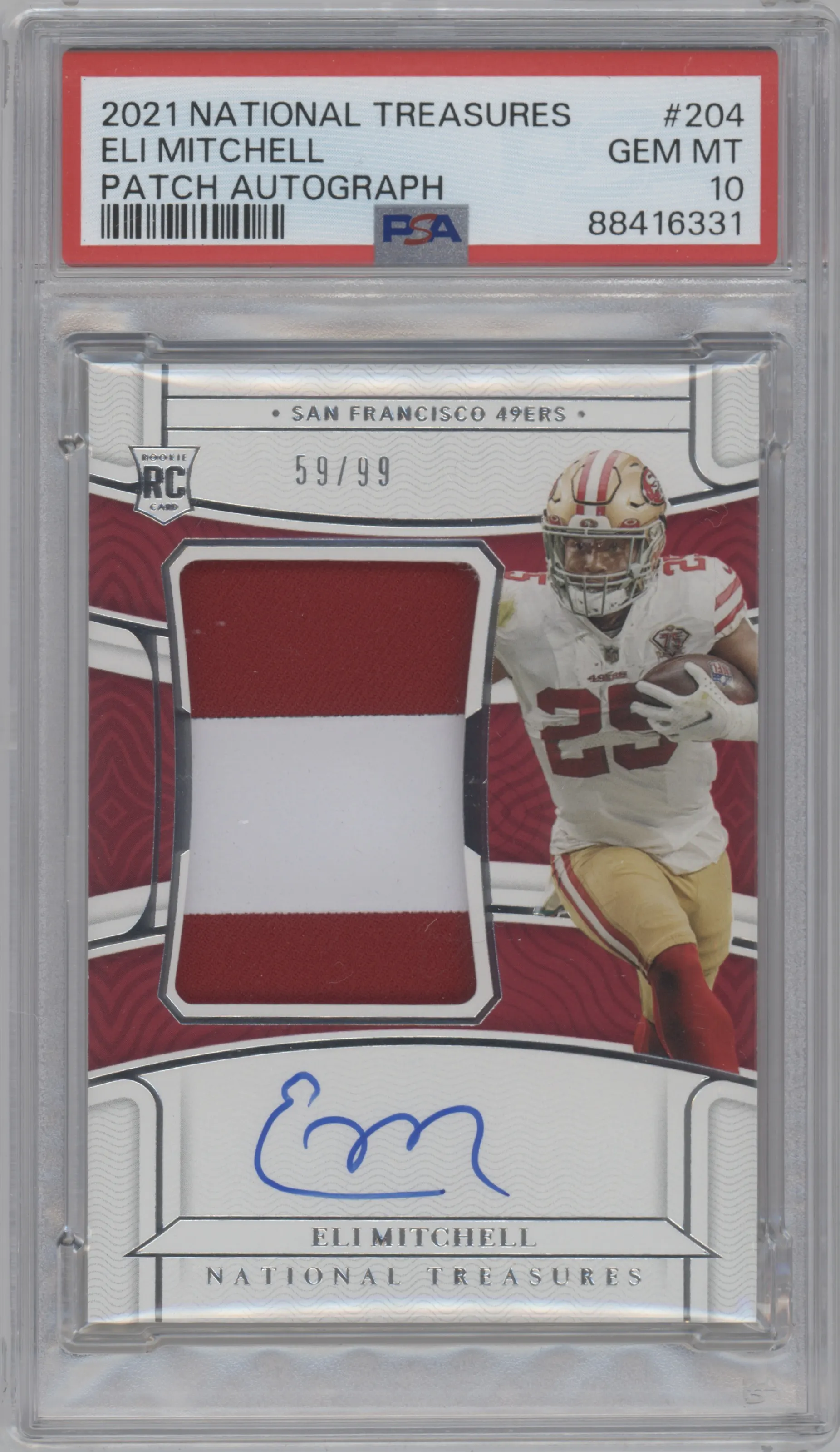 Eli Mitchell from the 2021 Panini National Treasures set graded by PSA and given an overall grade of 10.