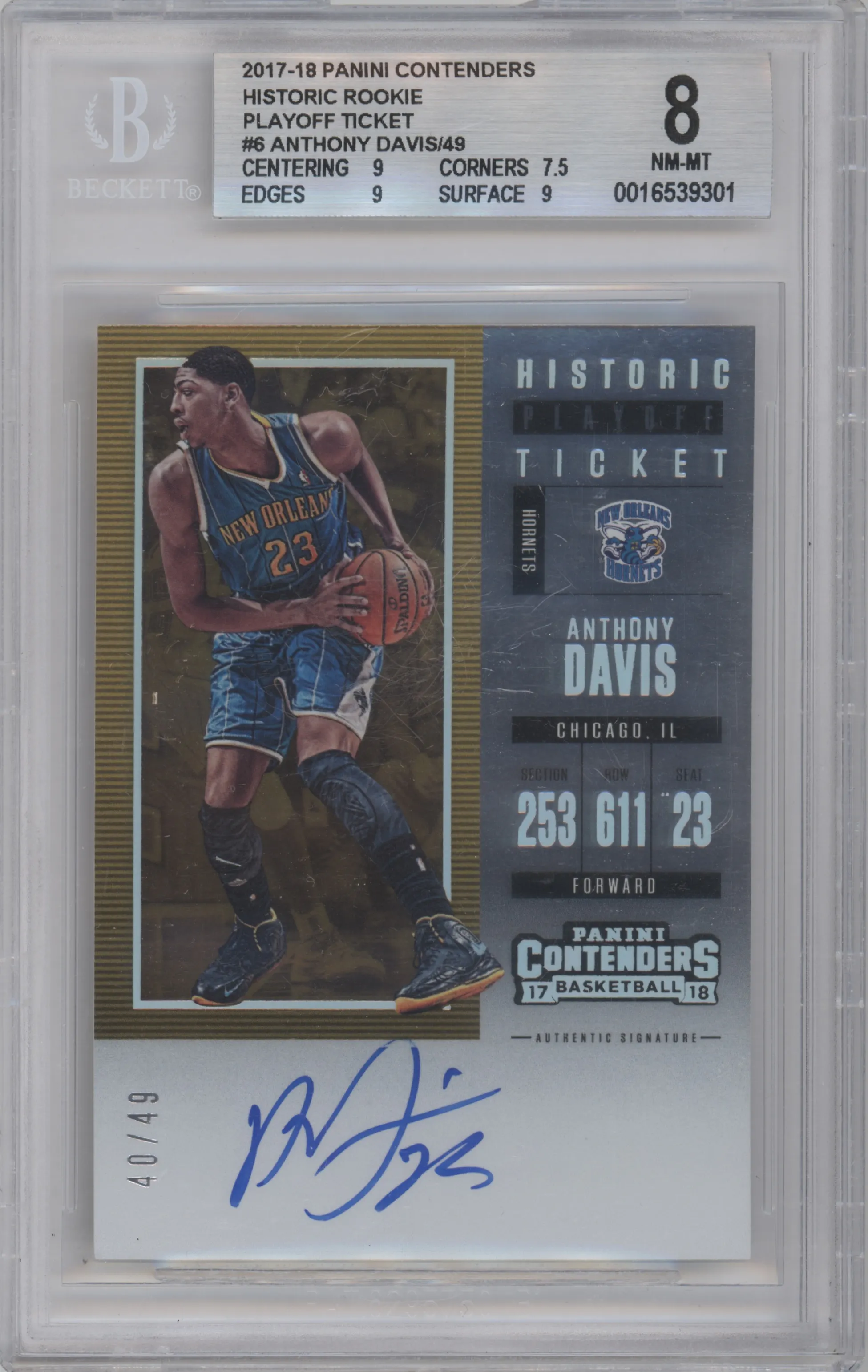 Anthony Davis from the 2017-18 Panini Contenders set featuring a Playoff parallel graded by Beckett and given an overall grade of 8.