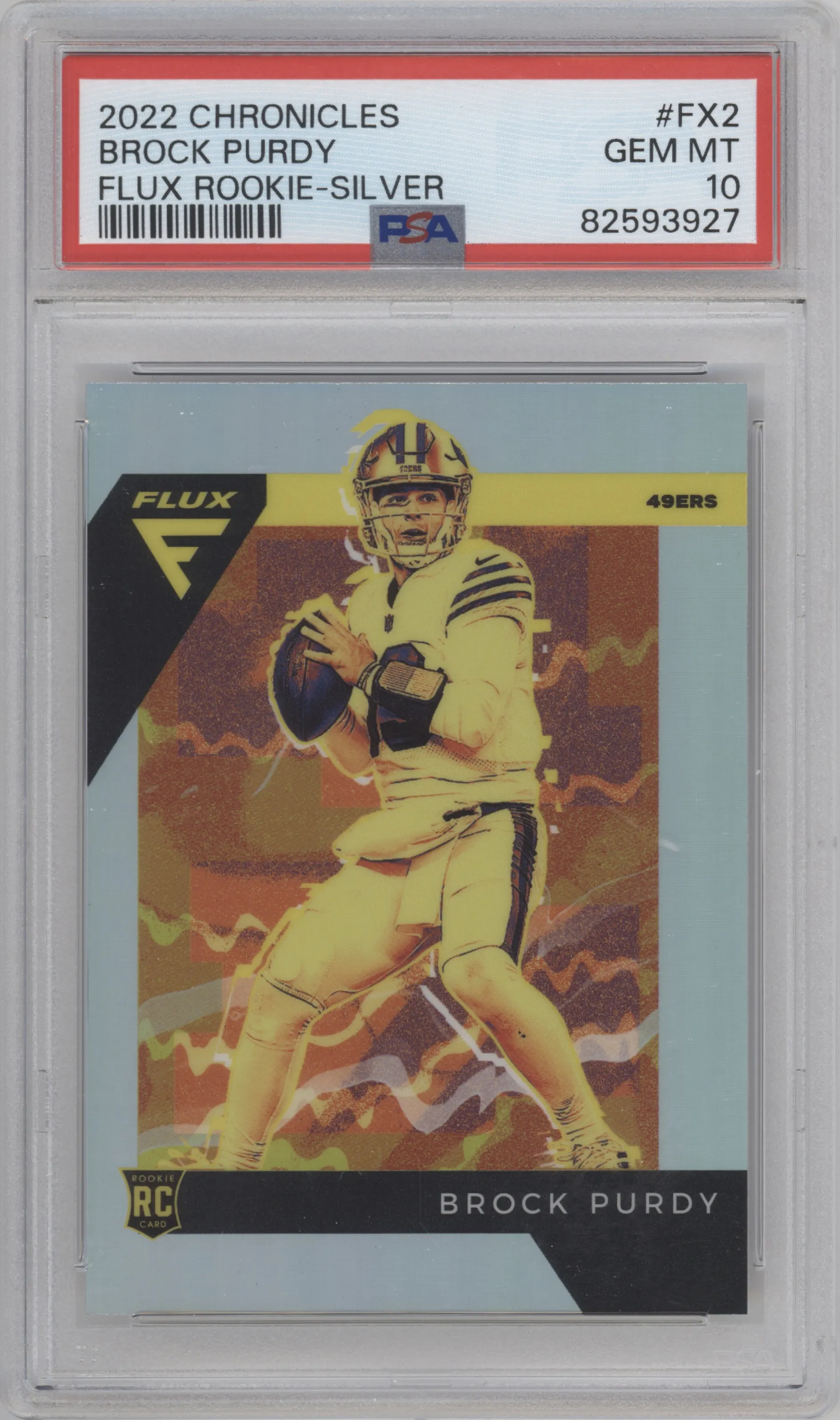 Brock Purdy from the 2022 Panini Chronicles set featuring a Silver parallel graded by PSA and given an overall grade of 10.