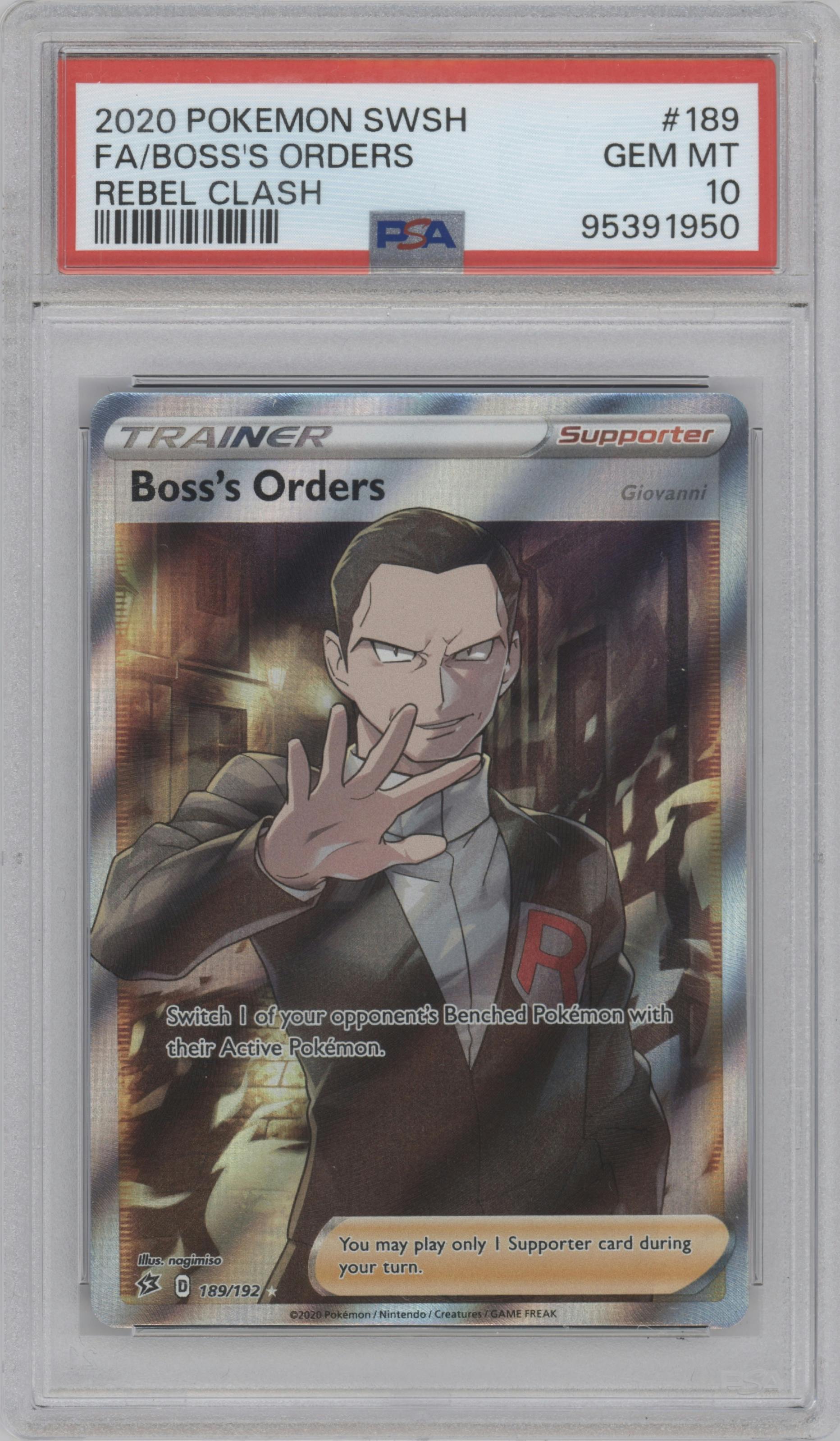 Boss's Orders from the 2020 Pokemon SWSH set graded by PSA and given an overall grade of 10.