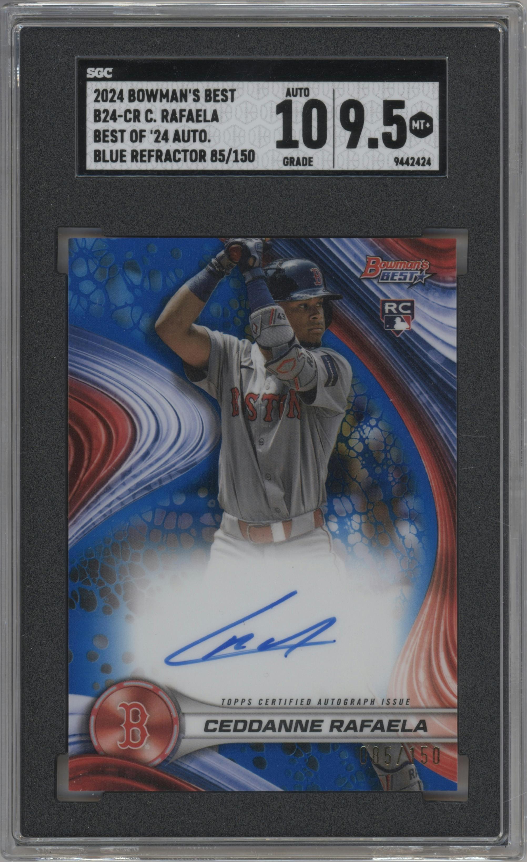 Ceddanne Rafaela from the 2024 Bowman's Best set featuring a Blue Ref. parallel graded by SGC and given an overall grade of 9.5.