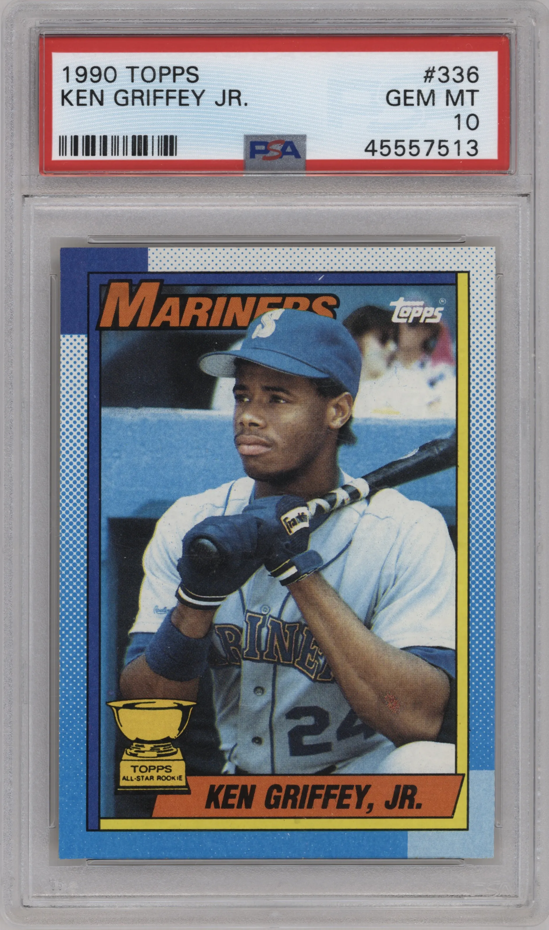 Ken Griffey, Jr. from the 1990 Topps set graded by PSA and given an overall grade of 10.