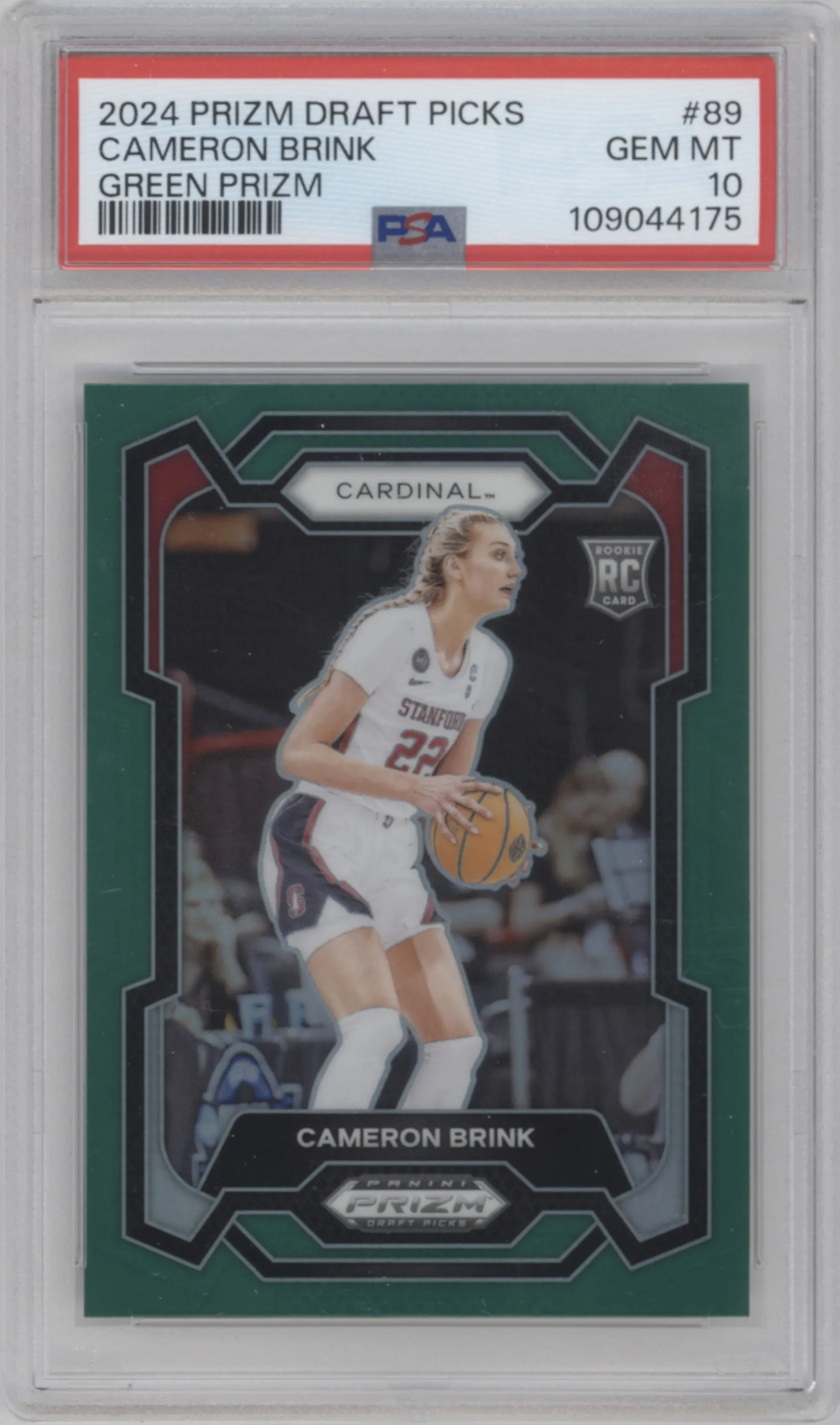 Cameron Brink from the 2024 Panini Prizm Draft Picks set featuring a Green Prizm parallel graded by PSA and given an overall grade of 10.