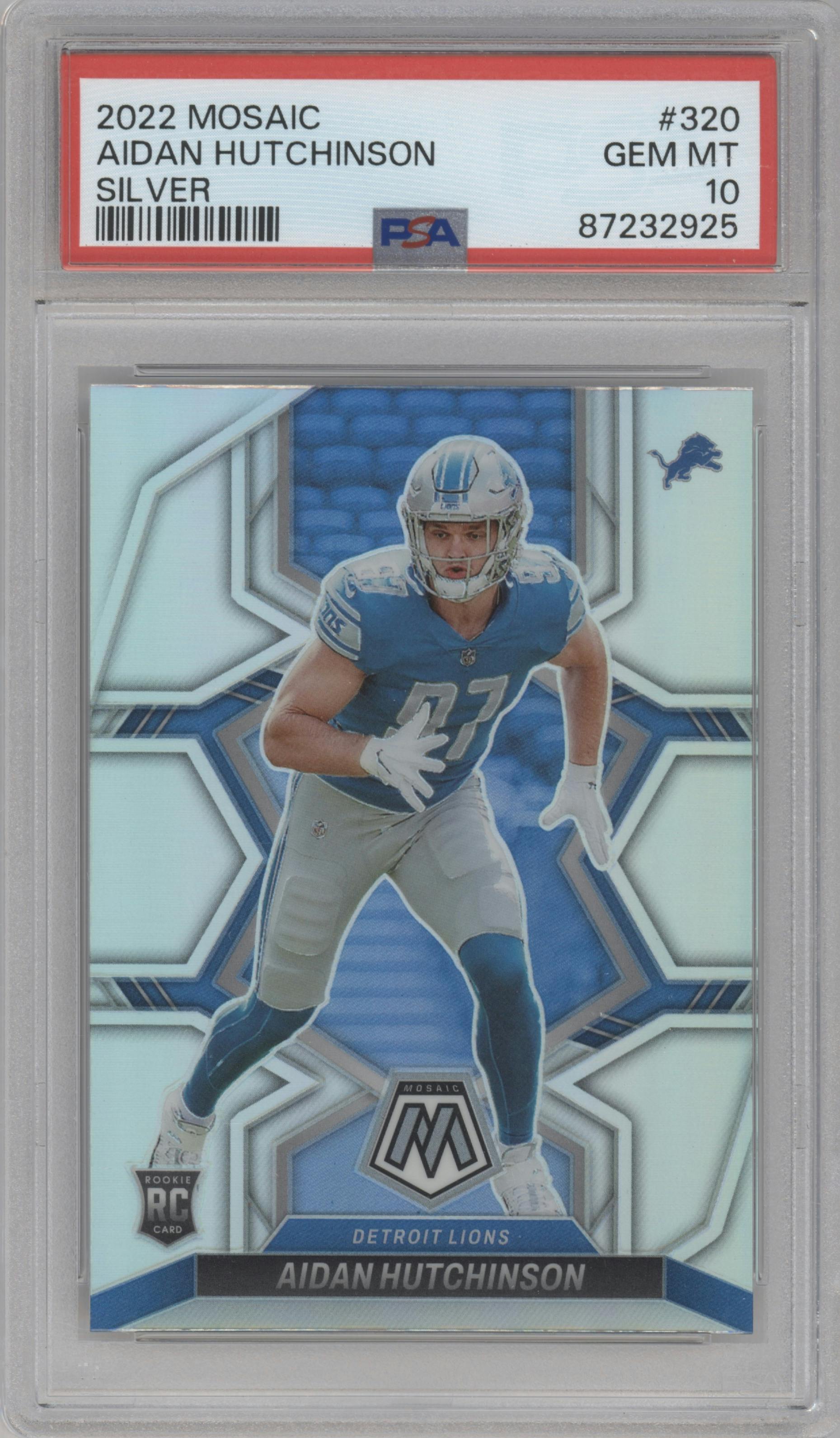Aidan Hutchinson from the 2022 Panini Mosaic set featuring a Silver  parallel graded by PSA and given an overall grade of 10.