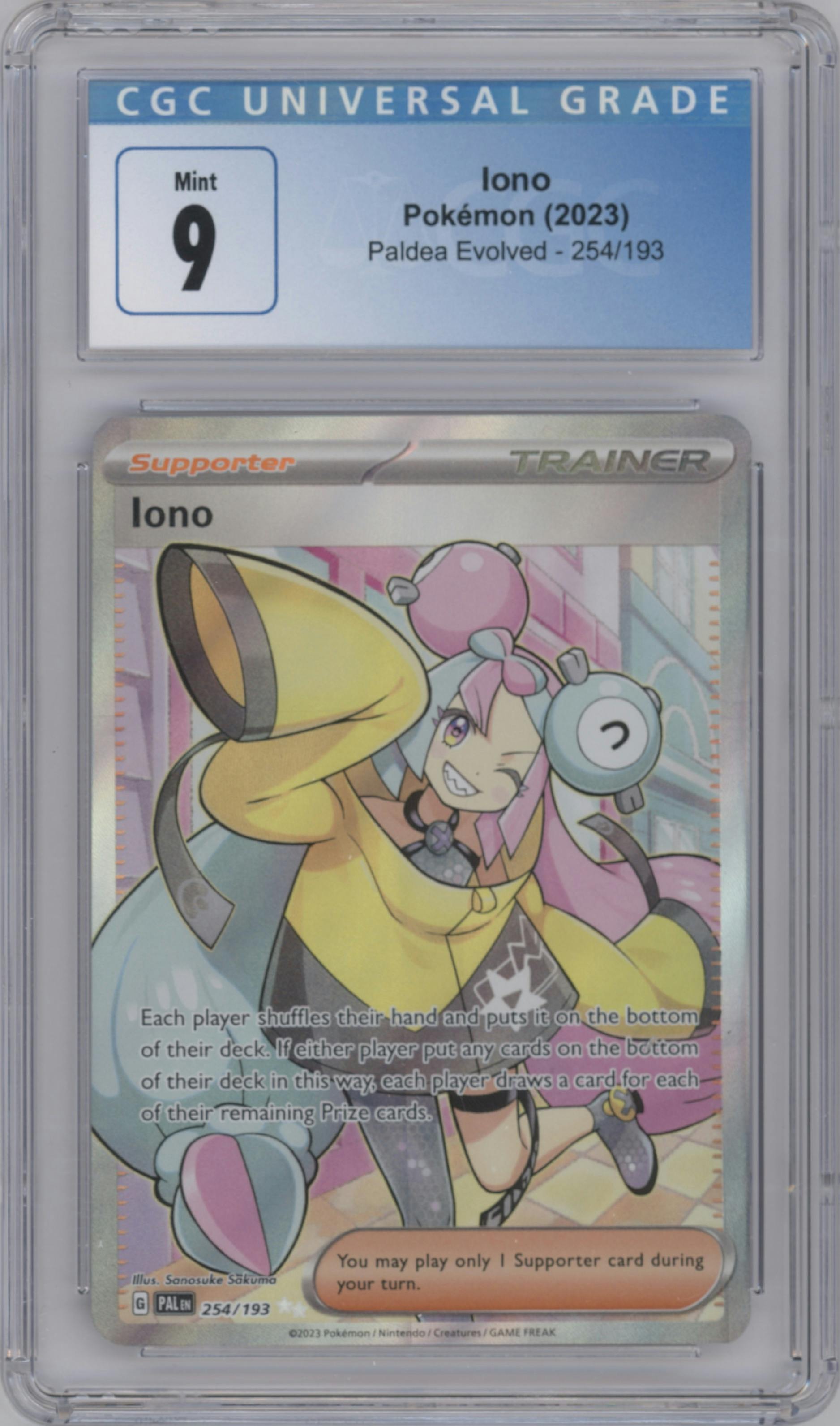 Iono from the 2023 Pokemon SV set graded by CSG and given an overall grade of 9.