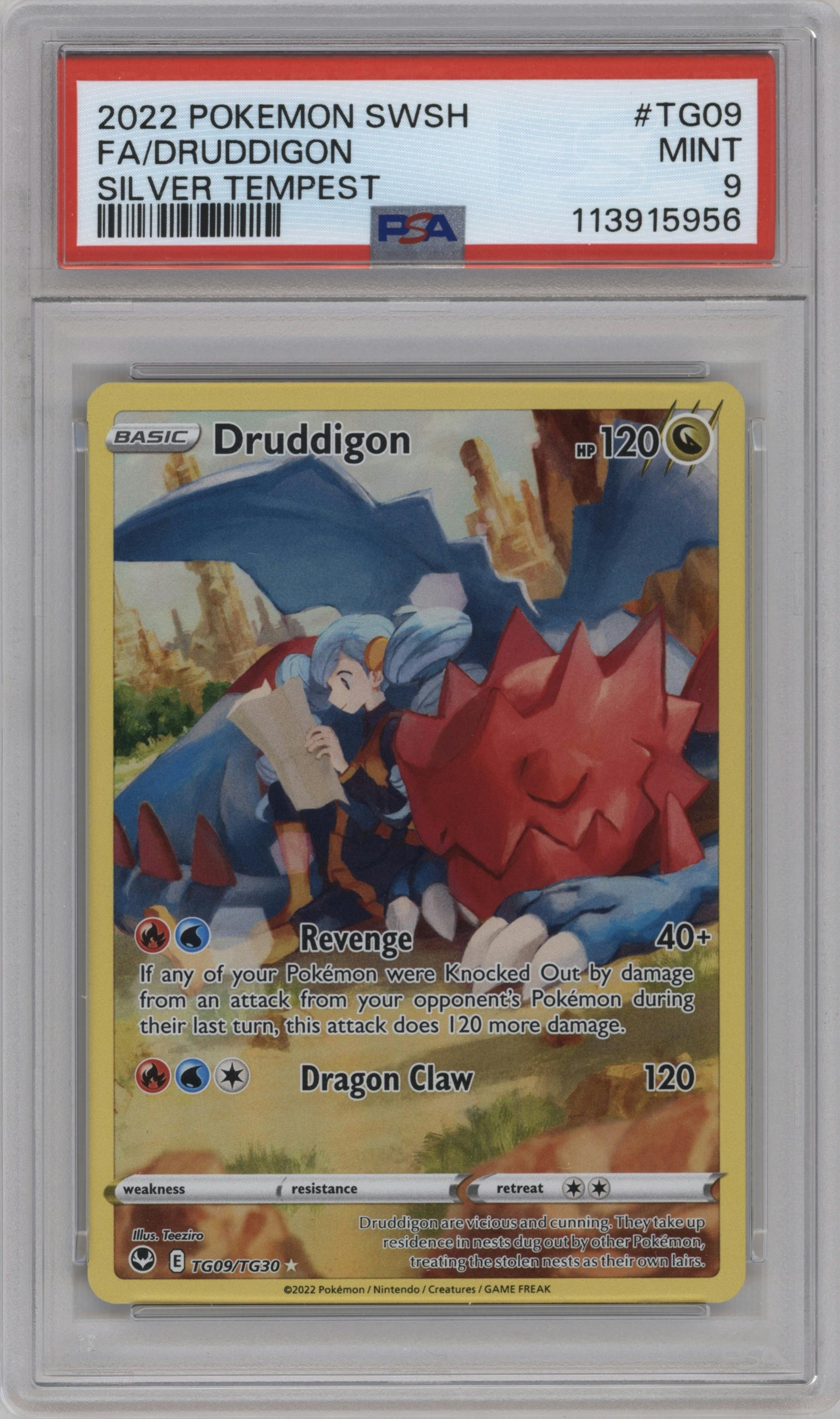 Druddigon from the 2022 Pokemon SWSH set graded by PSA and given an overall grade of 9.