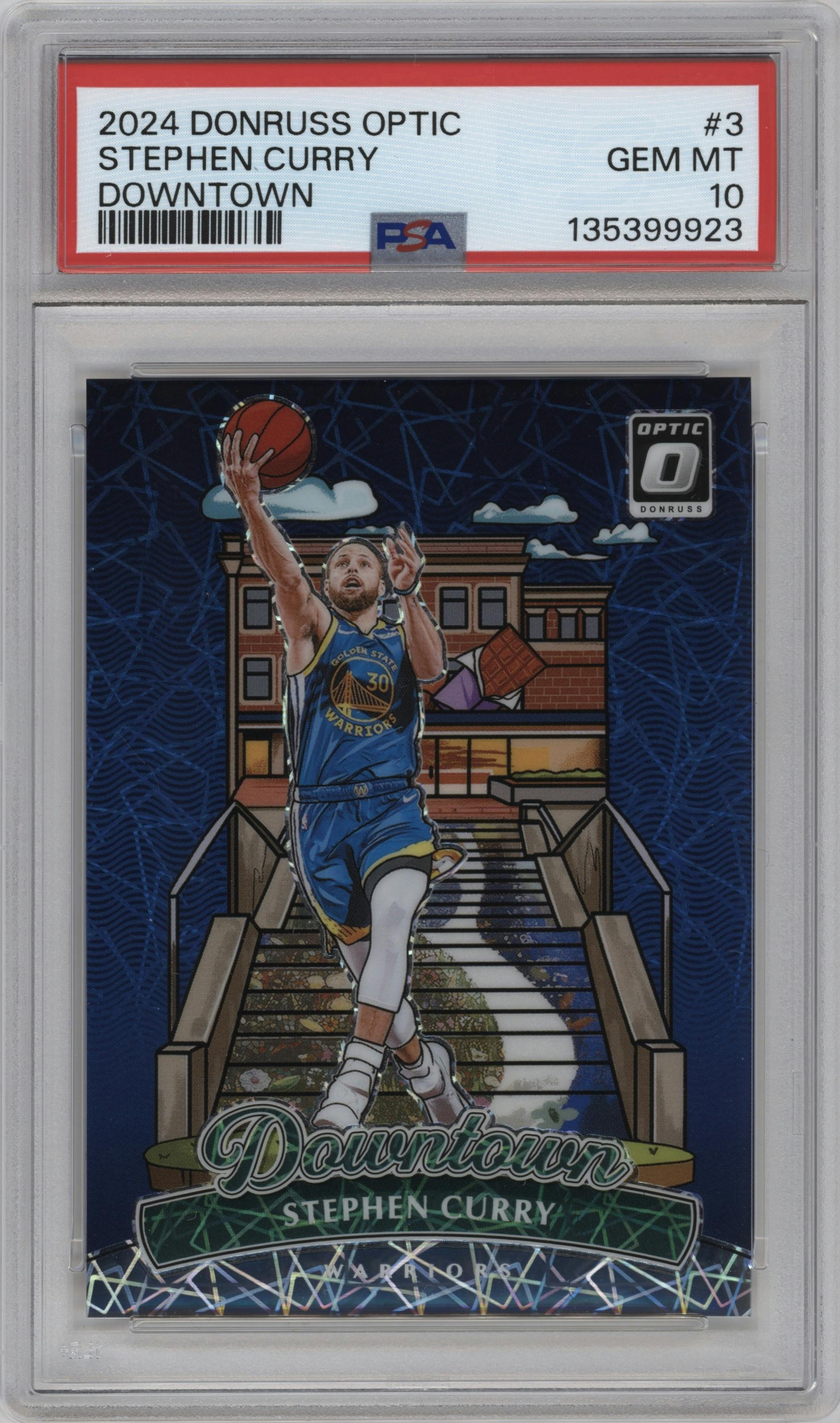 Stephen Curry from the 2024-25 Donruss Optic set graded by PSA and given an overall grade of 10.