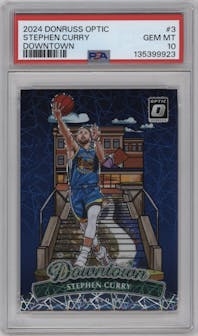 Stephen Curry from the 2024-25 Donruss Optic set graded by PSA and given an overall grade of 10.