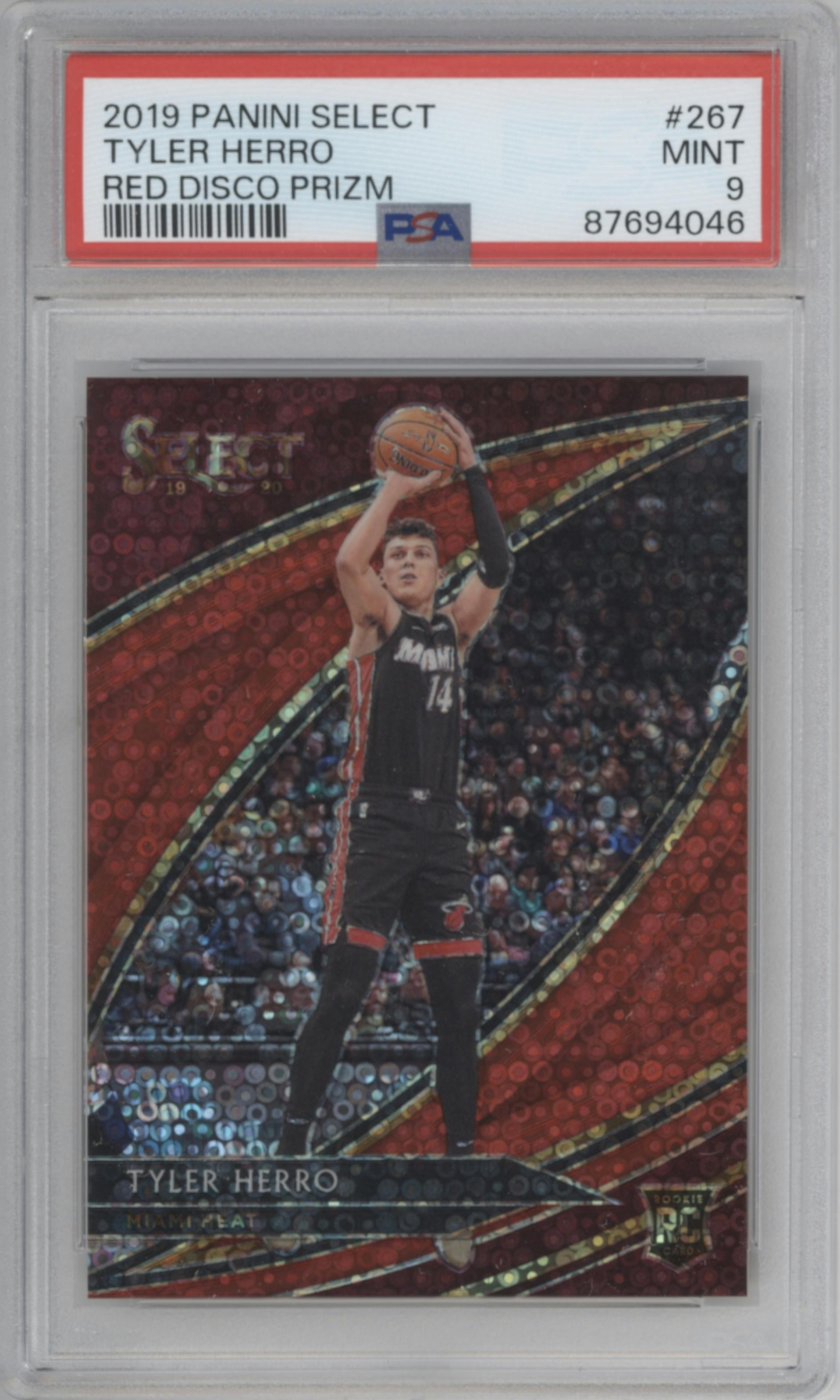 Tyler Herro from the 2019-20 Panini Select set featuring a Disco Red parallel graded by PSA and given an overall grade of 9.