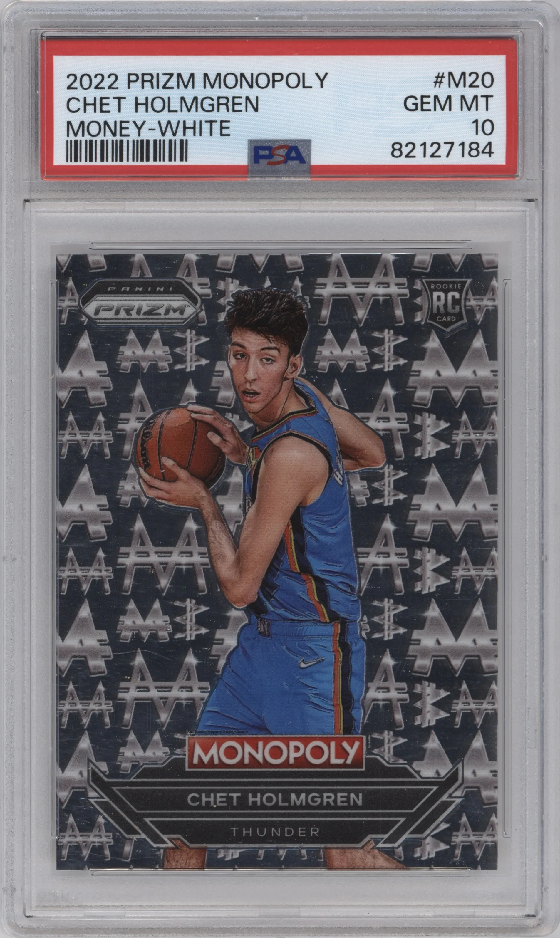 Chet Holmgren from the 2022-23 Panini Prizm Monopoly set graded by PSA and given an overall grade of 10.