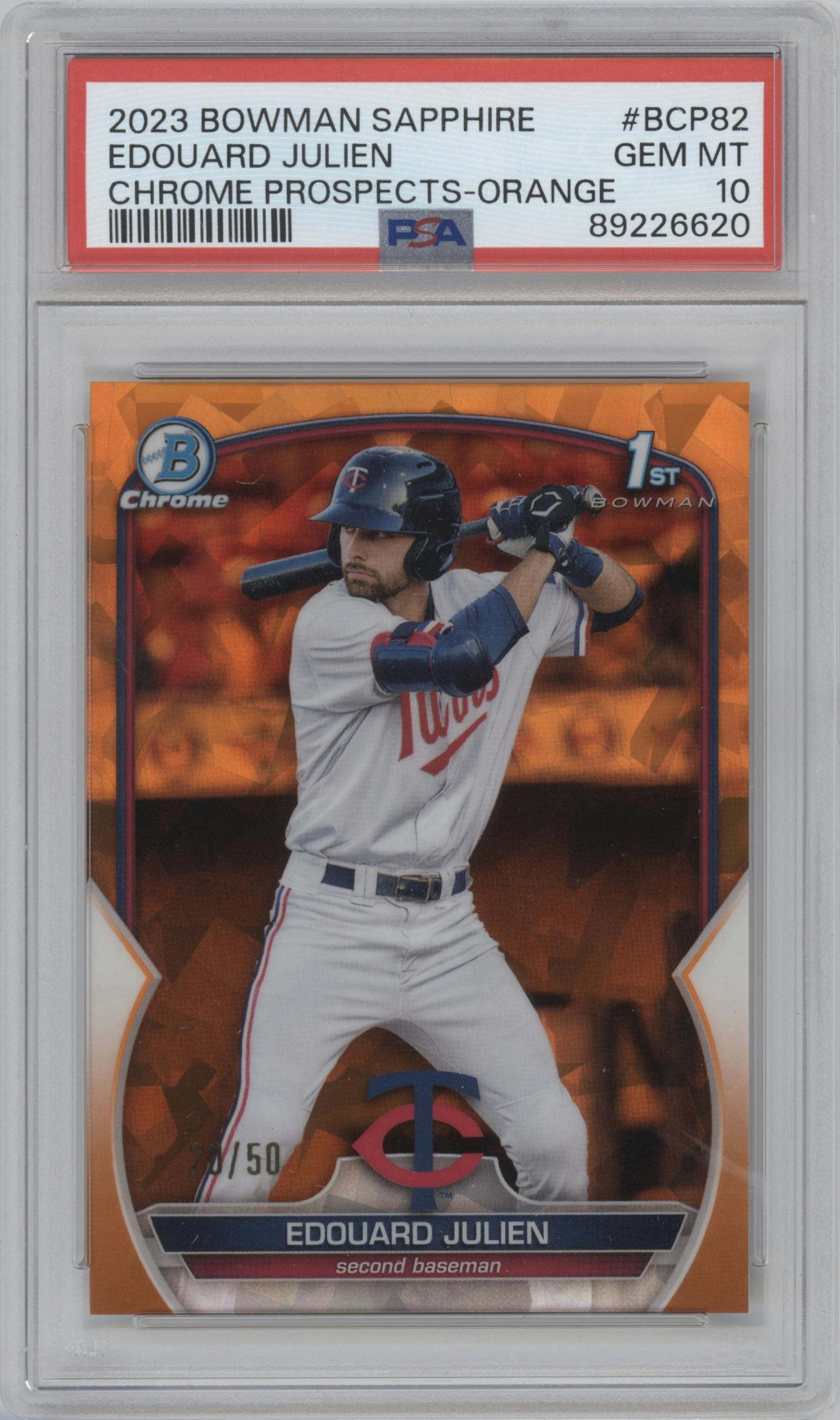 Edouard Julien from the 2023 Bowman Sapphire Edition set featuring a Orange parallel graded by PSA and given an overall grade of 10.