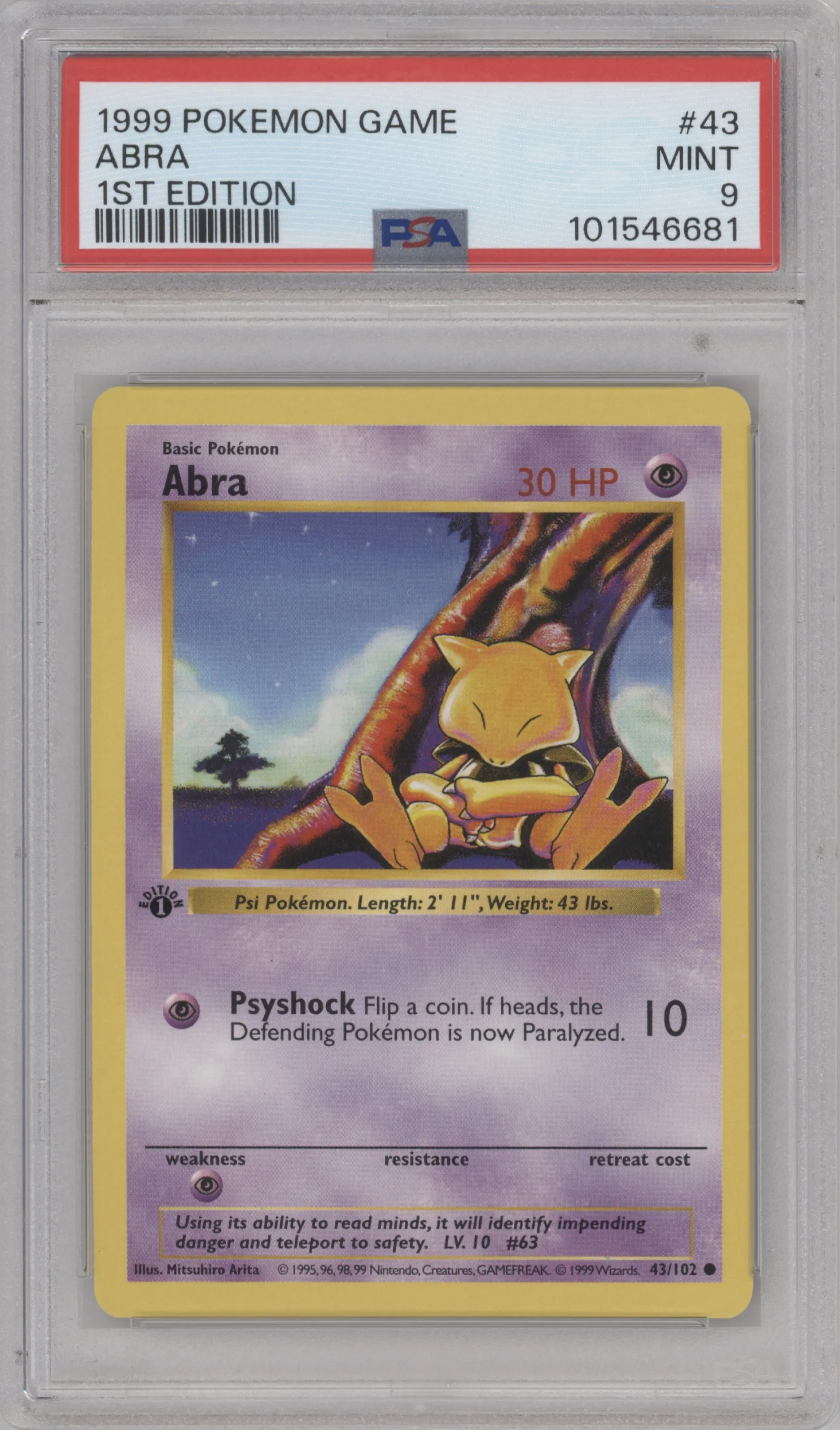 Abra from the 1999 Pokemon set graded by PSA and given an overall grade of 9.