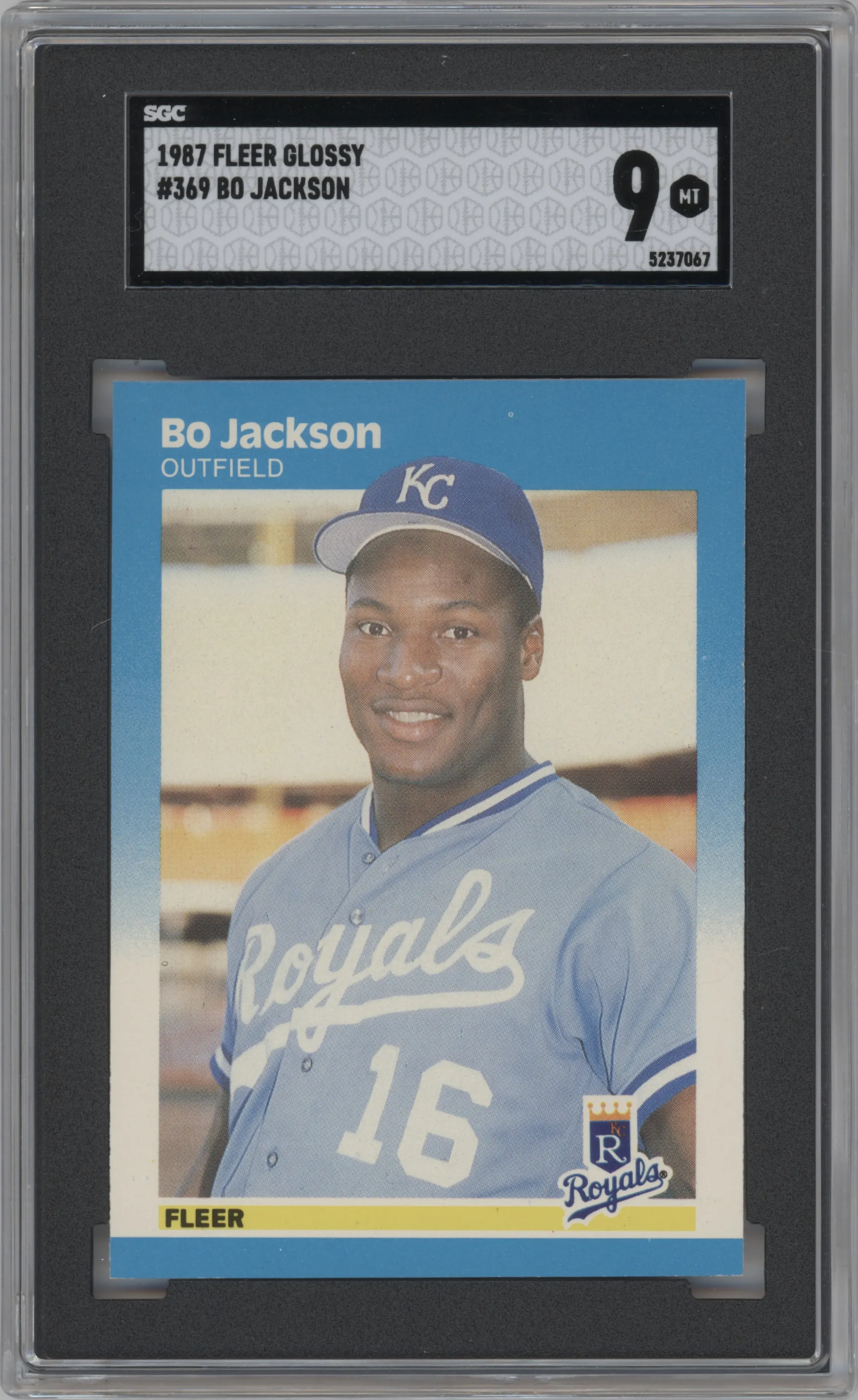 Bo Jackson from the 1987 Fleer set featuring a Glossy parallel graded by SGC and given an overall grade of 9.