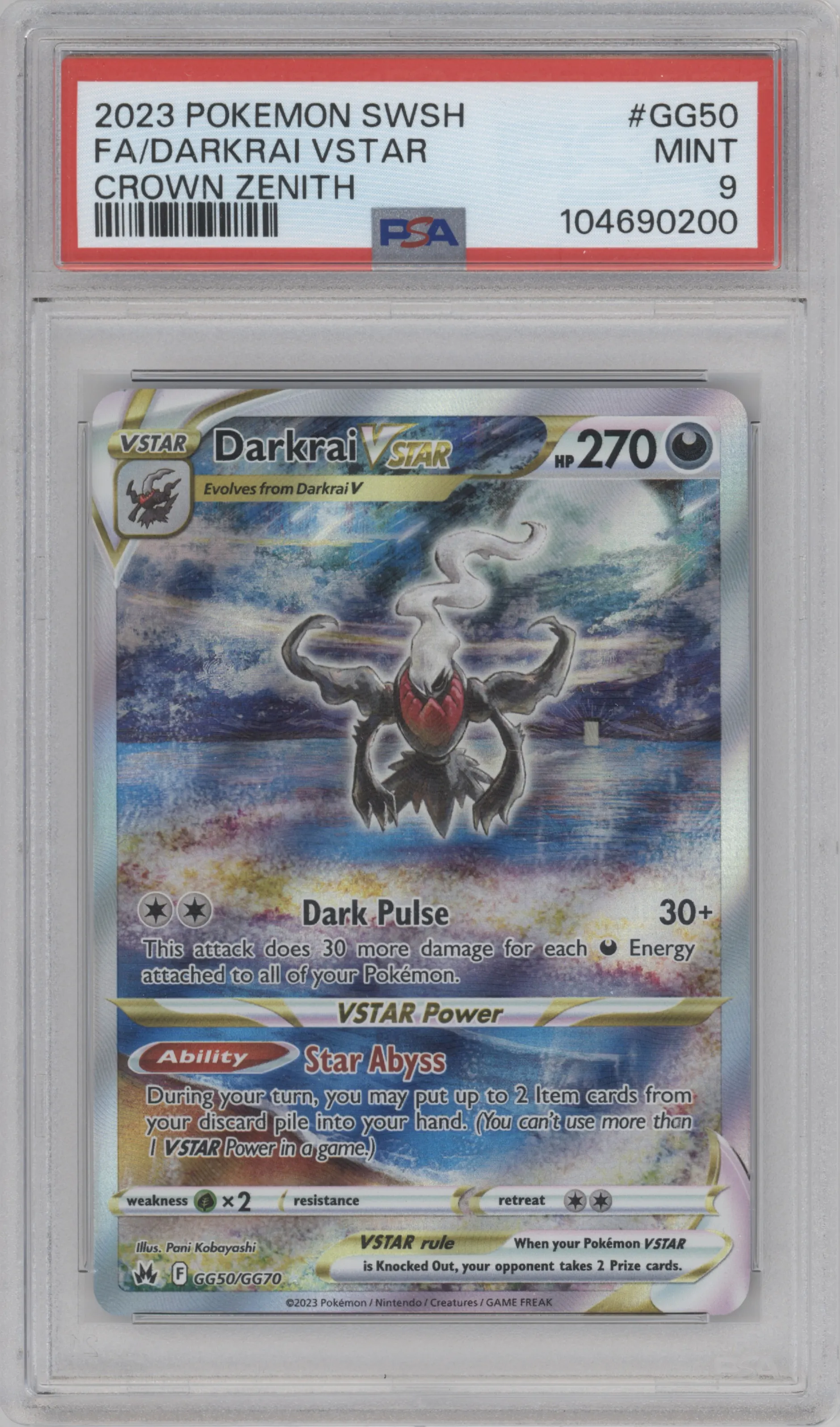 Darkrai VSTAR from the 2023 Pokemon SWSH set graded by PSA and given an overall grade of 9.
